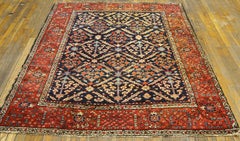 1850s Blue Rustic Red Tribal Persian Bakshaiesh Garden Rug 5'4" x 6' Carpet