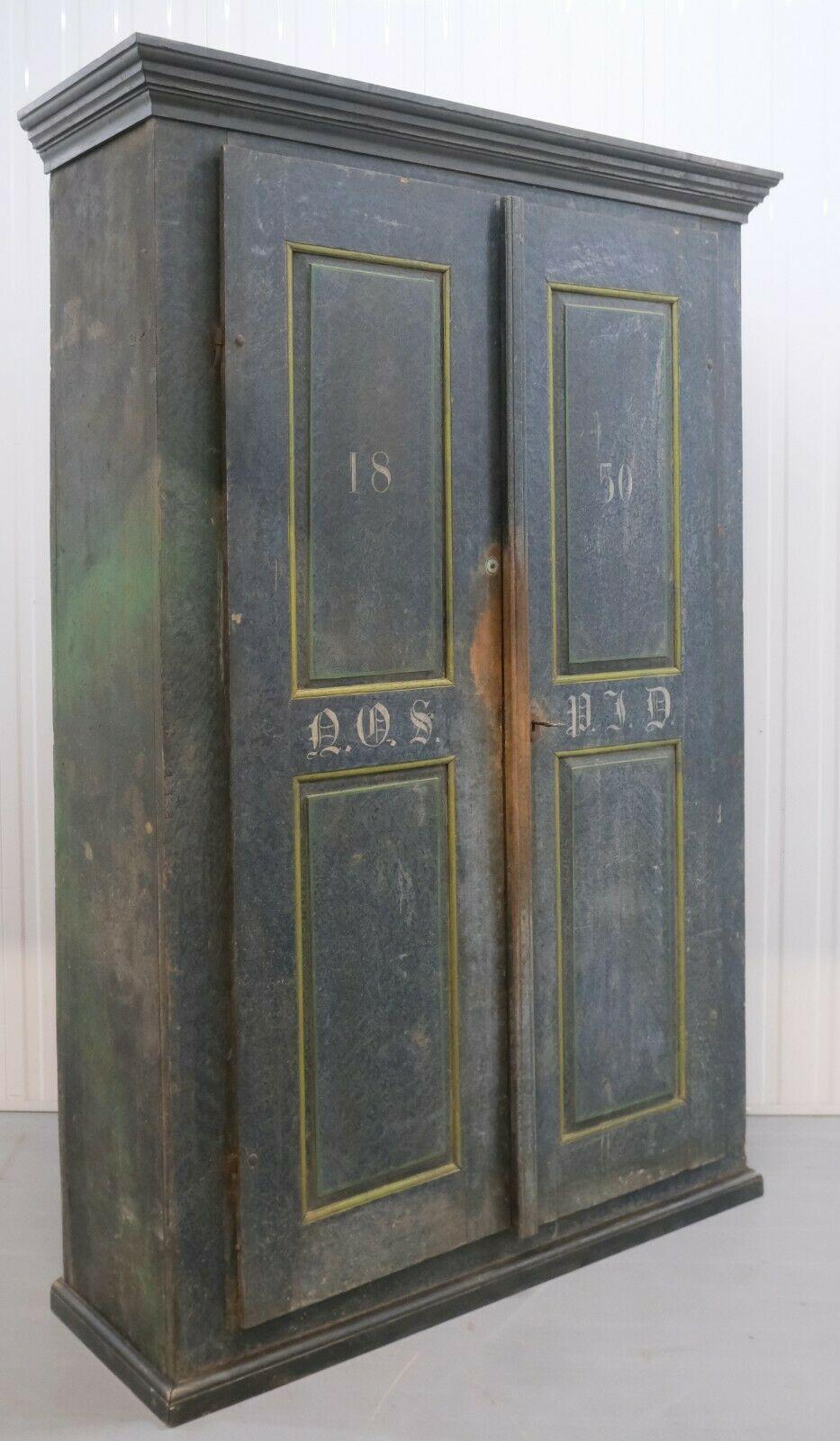 1850's Cupboard Cabinet Original Blue Distress Painted with Stacking Shelfs 4