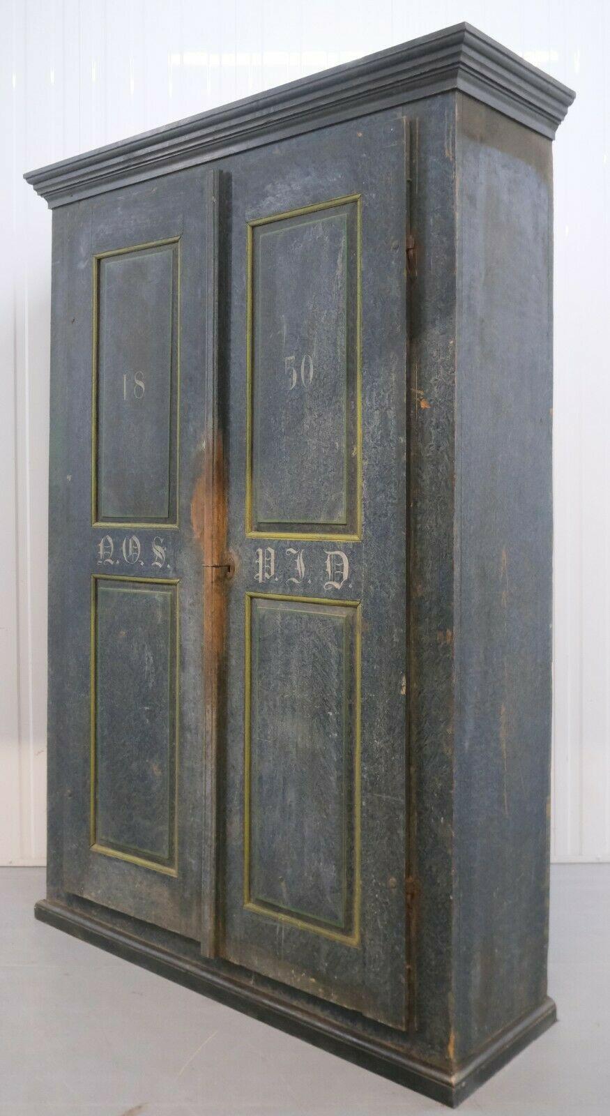 Early Victorian 1850's Cupboard Cabinet Original Blue Distress Painted with Stacking Shelfs