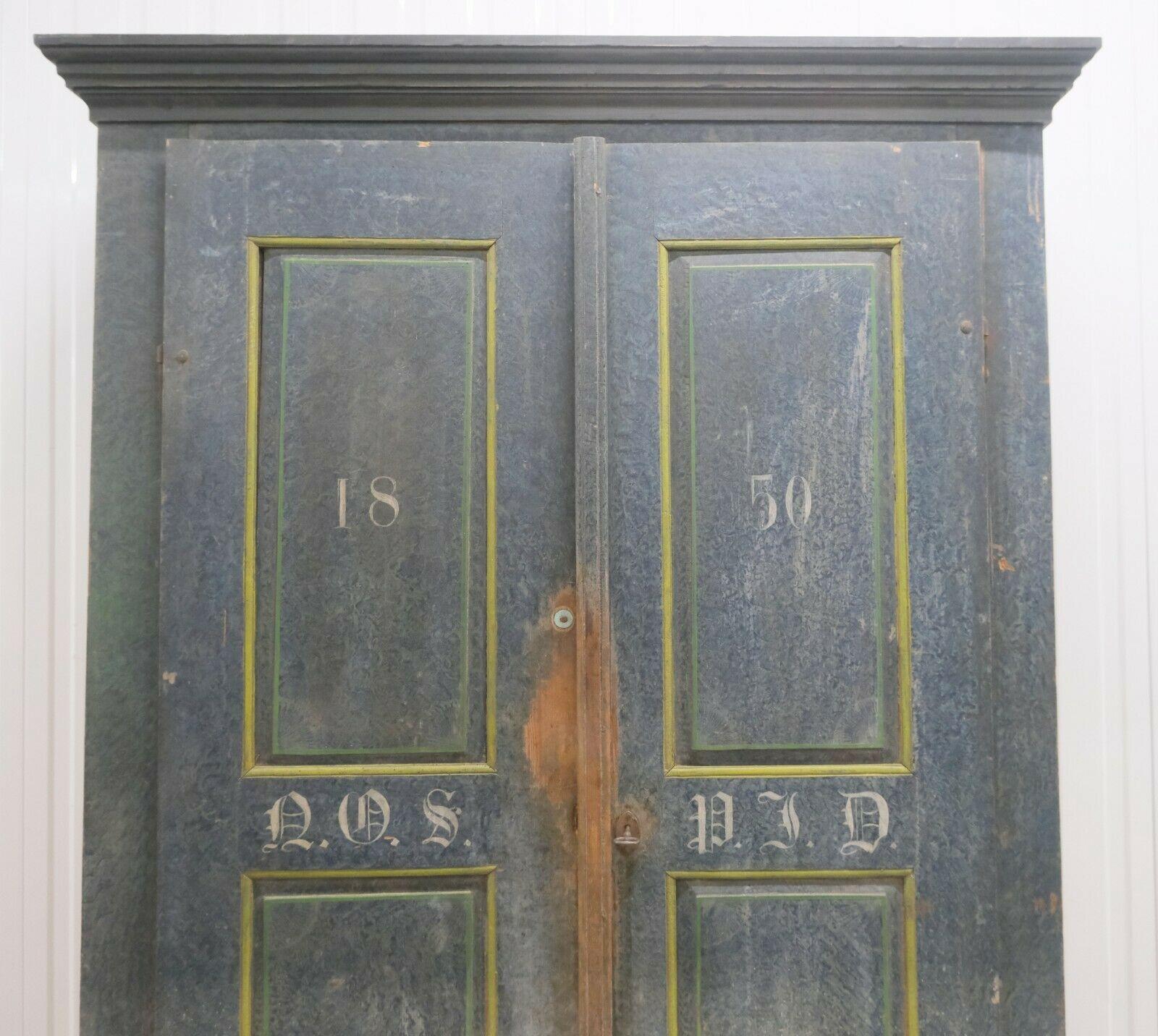 Mid-19th Century 1850's Cupboard Cabinet Original Blue Distress Painted with Stacking Shelfs