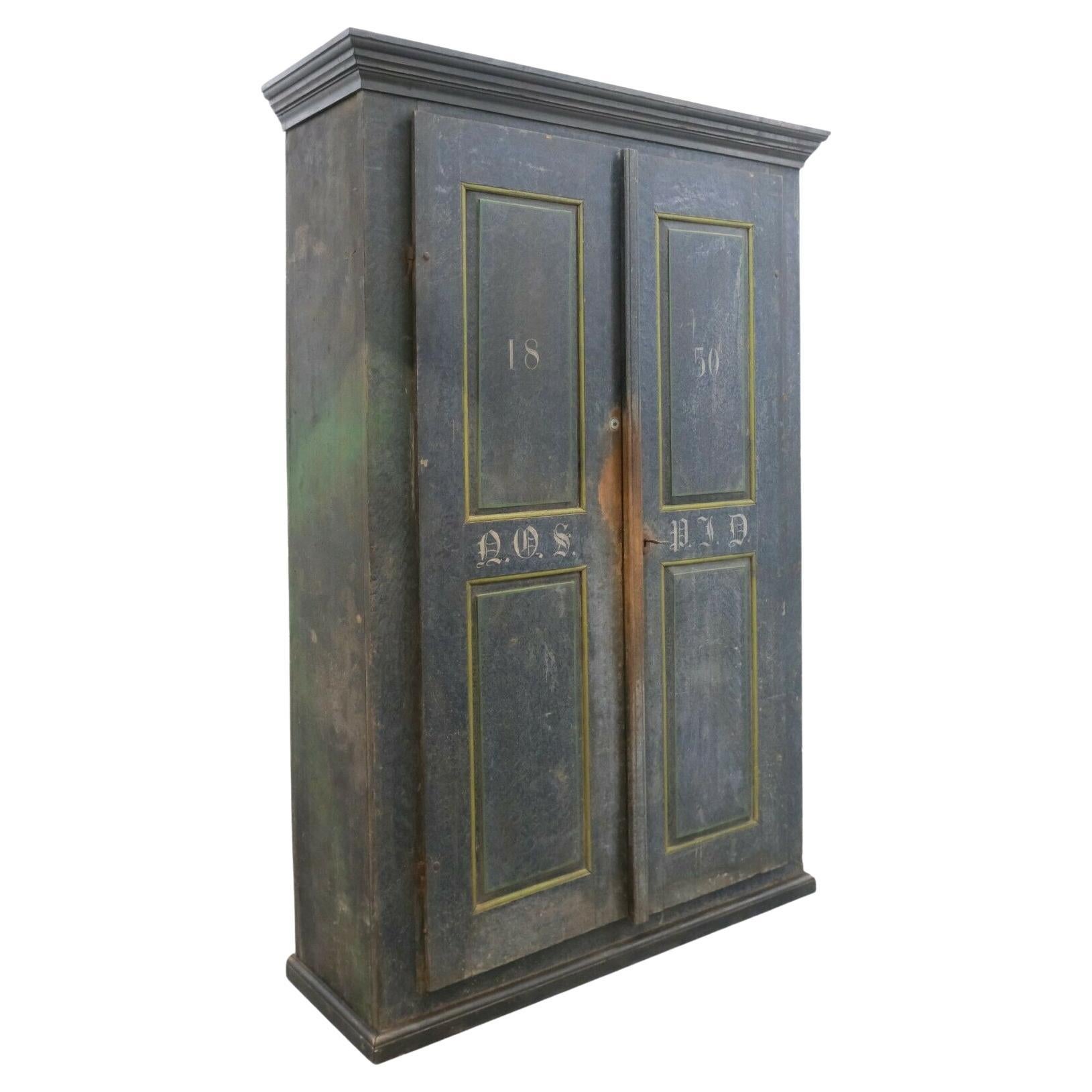 1850's Cupboard Cabinet Original Blue Distress Painted with Stacking Shelfs