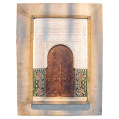 Antique 1850s Decorative Model with a Mudejar Door Carved in Stucco and a Velvet Frame