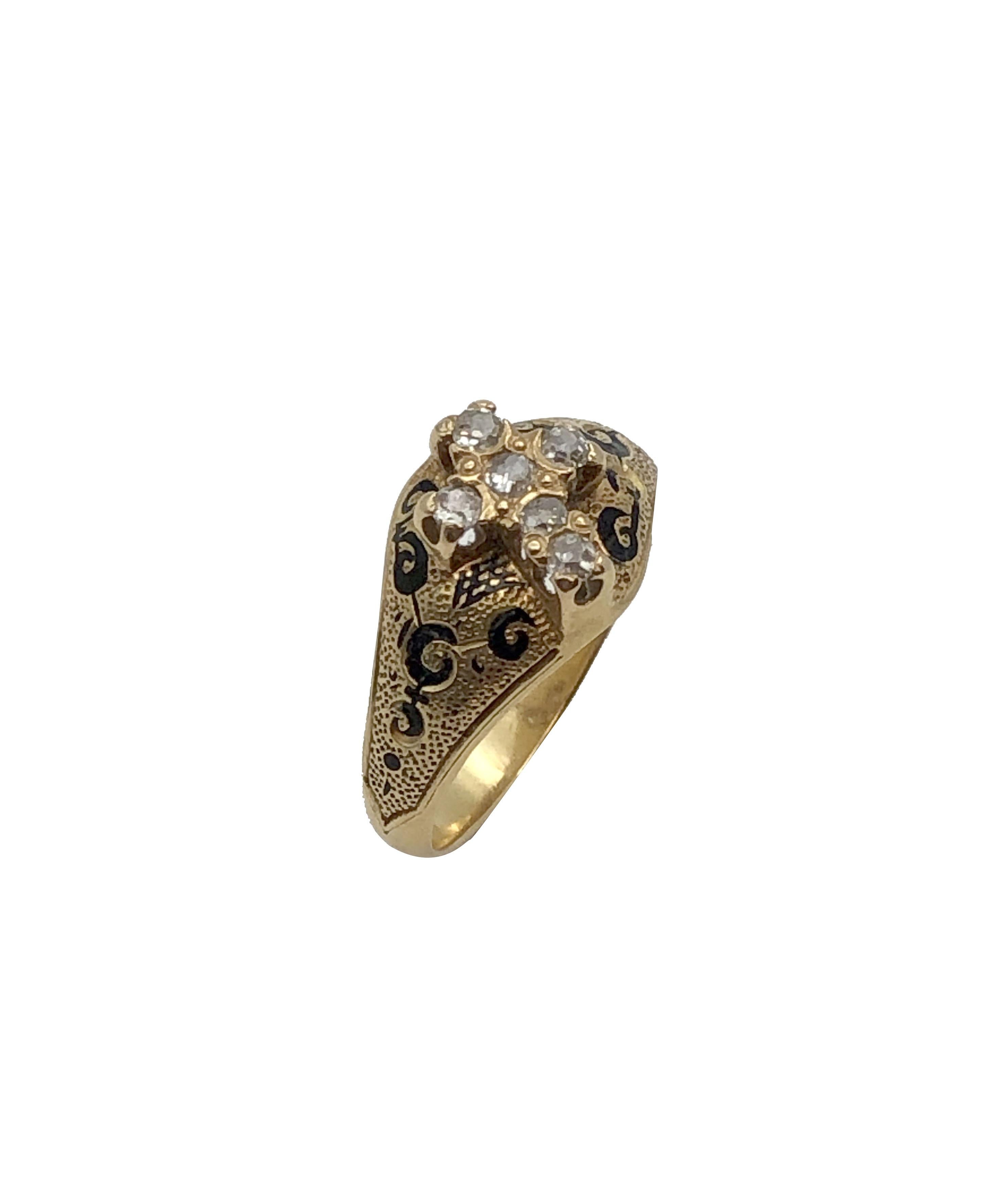 1850er frühviktorianischer Gold Emaille und Diamanten Kreuz Form Ring (Alteuropäischer Brillantschliff) im Angebot