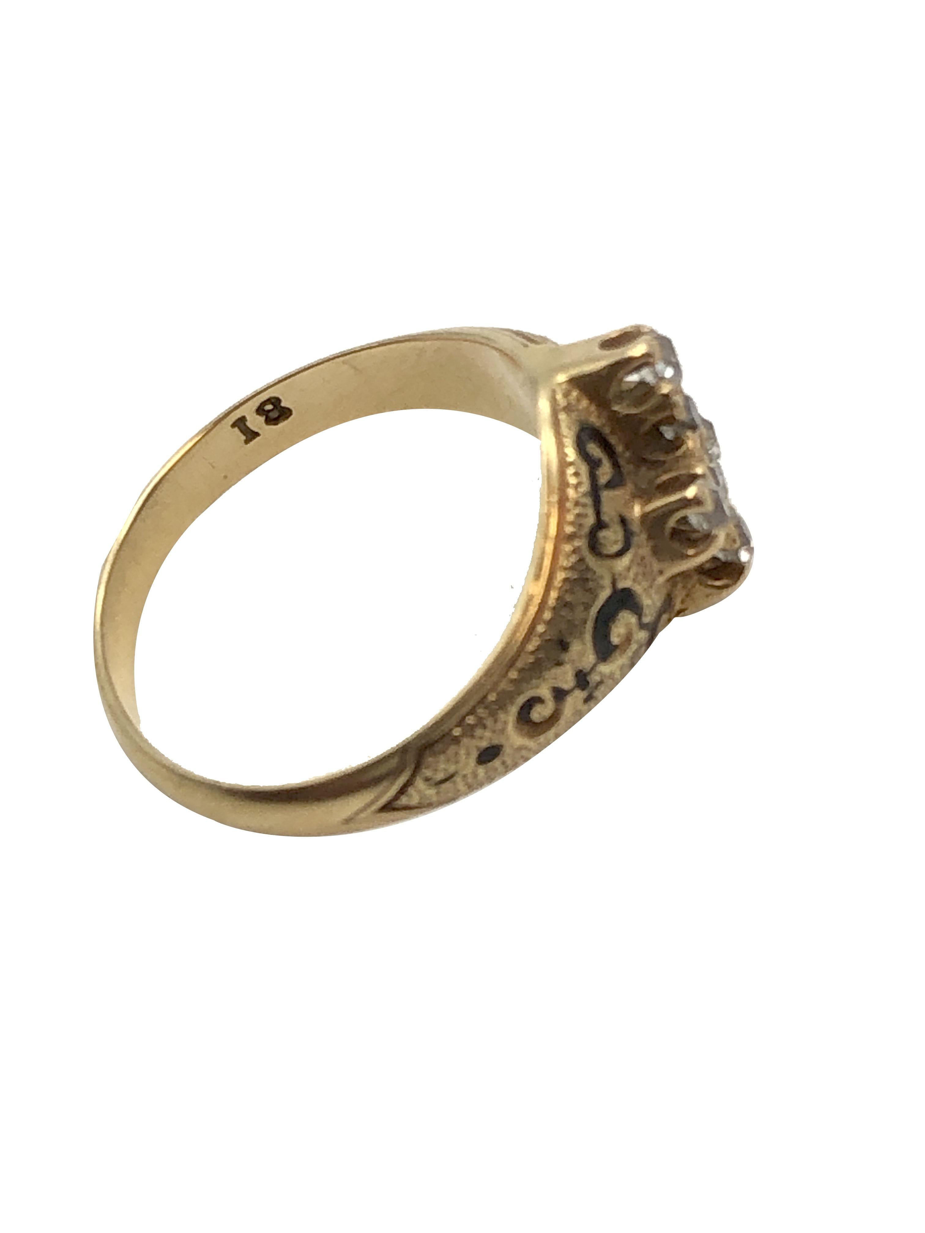 1850er frühviktorianischer Gold Emaille und Diamanten Kreuz Form Ring im Zustand „Hervorragend“ im Angebot in Chicago, IL