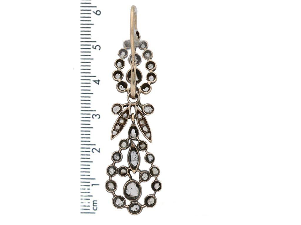 Women's or Men's 1850s English Early Victorian Rose Cut Diamond Silver Gold Drop Earrings For Sale