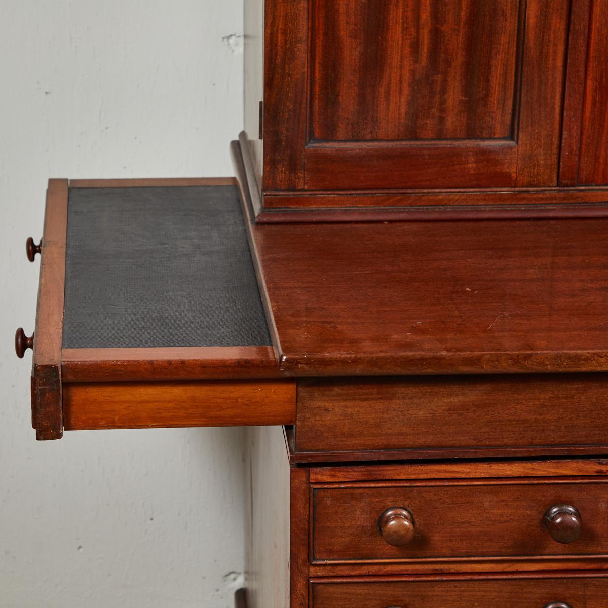 19th Century 1850s English Mahogany Estate Desk with Molded Cornice Upper Cupboard