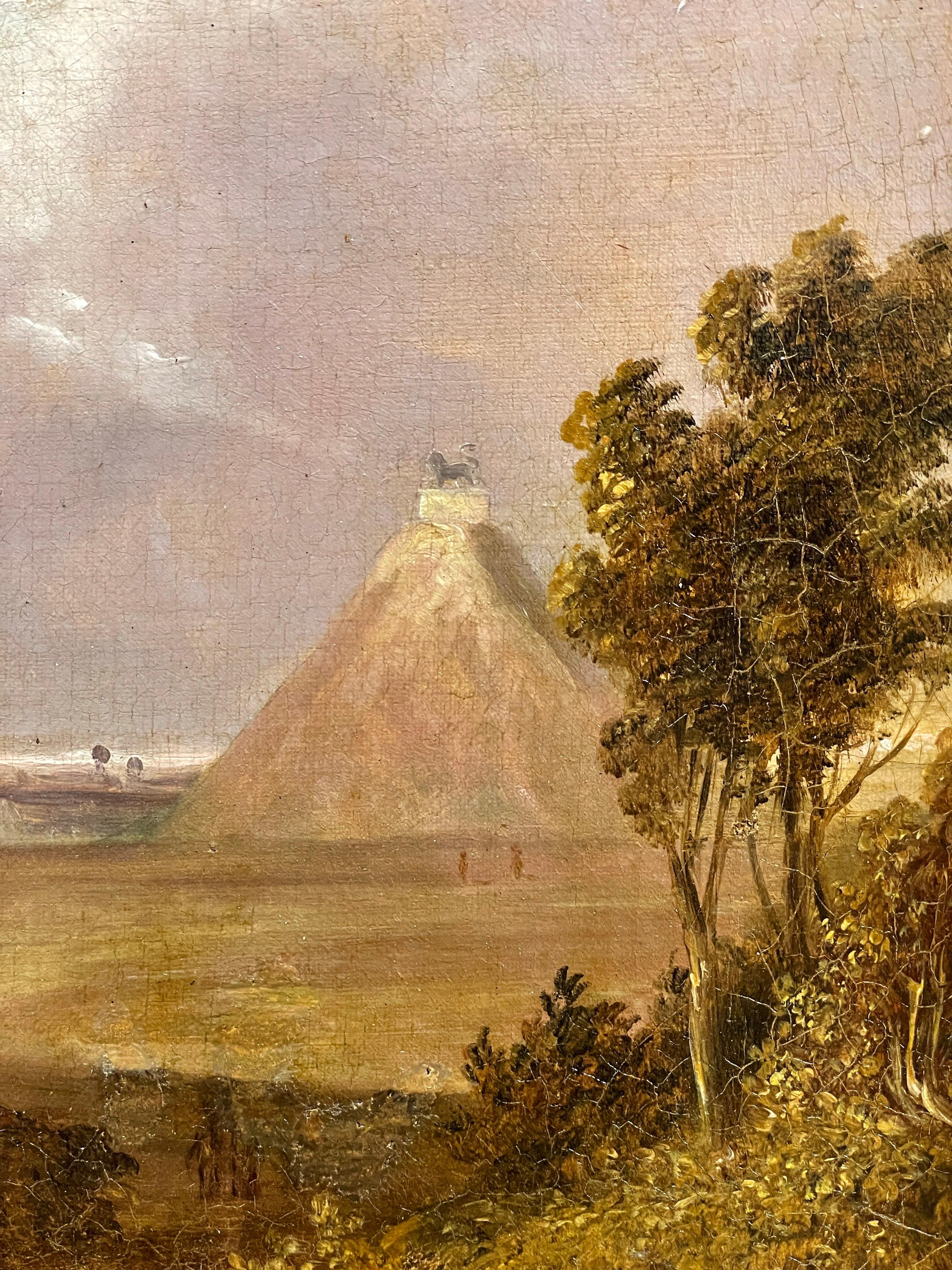 Waterloo Battlefield with 3 Monuments - Butte du Lion, Antique Oil Painting For Sale 5