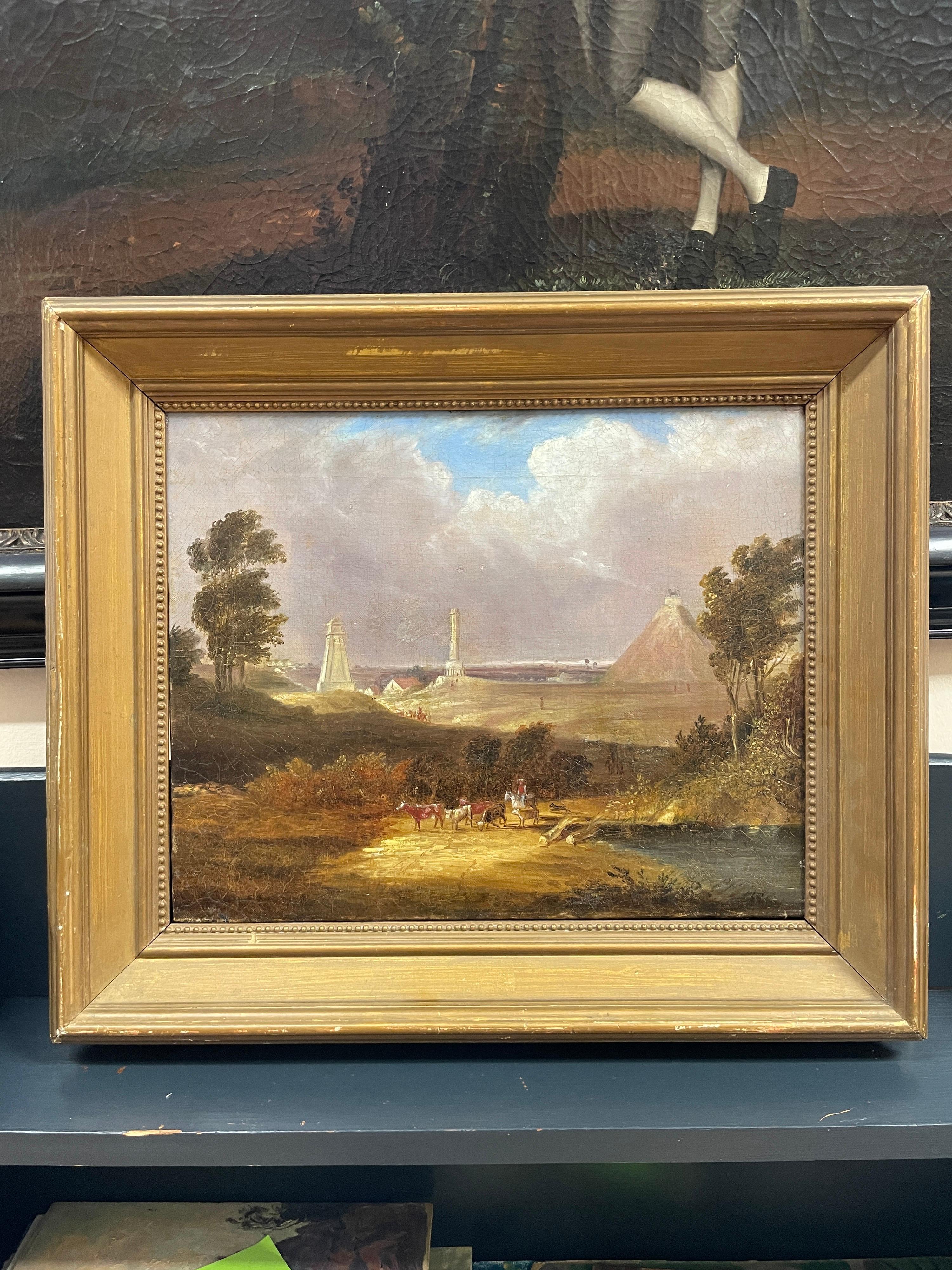 Waterloo Battlefield with 3 Monuments - Butte du Lion, Antique Oil Painting - Brown Landscape Painting by 1850's English