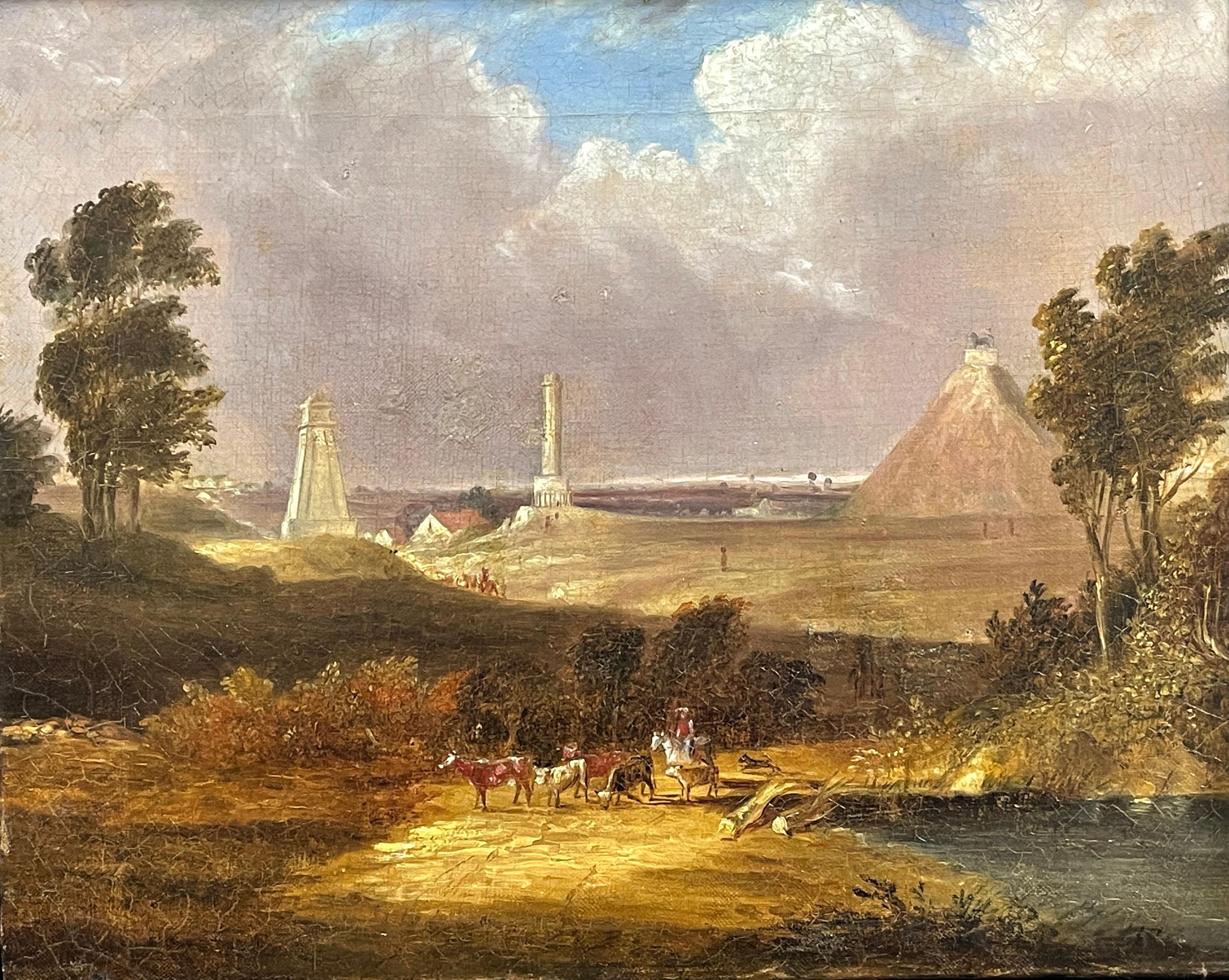 Waterloo Battlefield with 3 Monuments - Butte du Lion, Antique Oil Painting For Sale 1