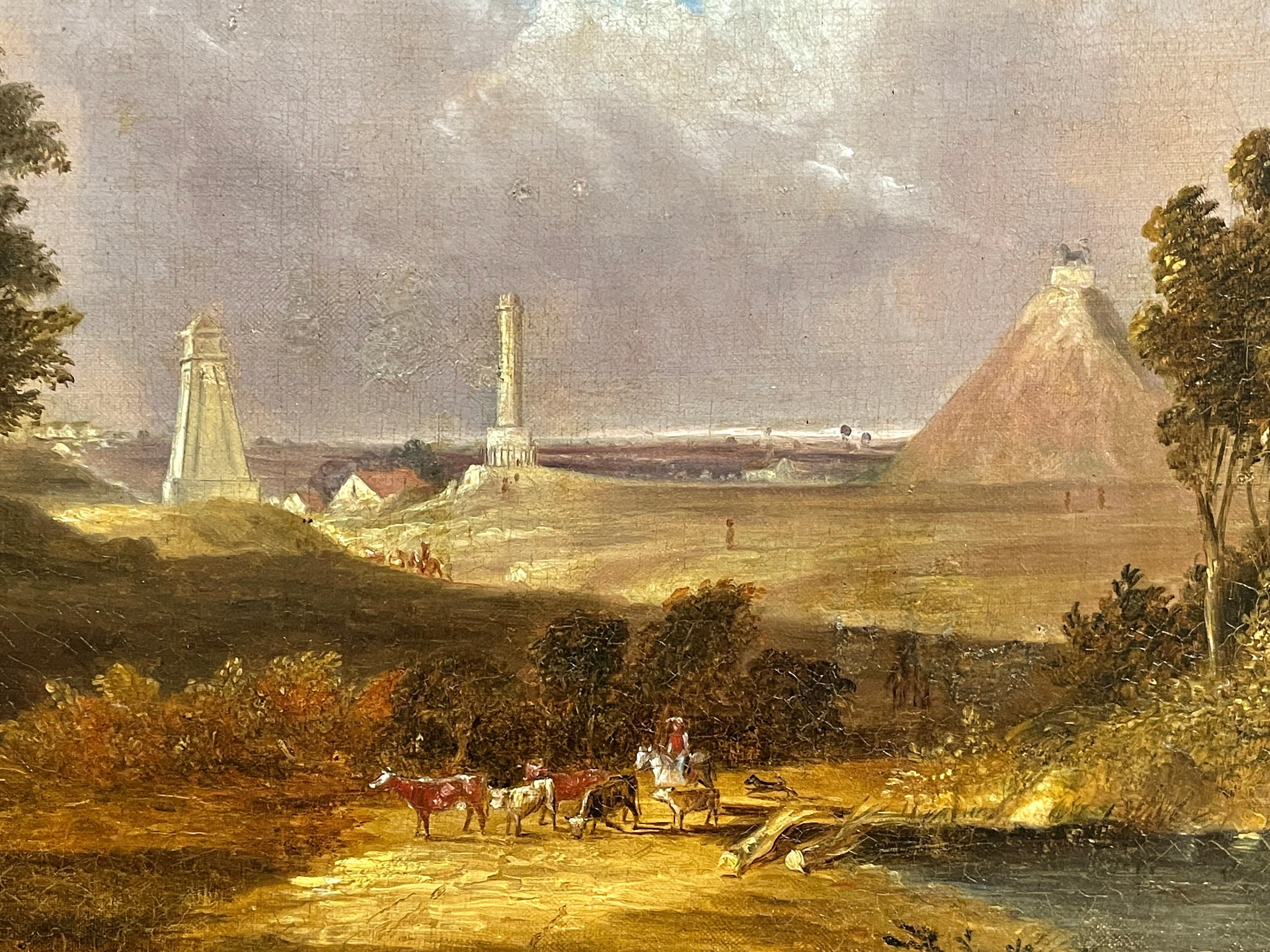 Waterloo Battlefield with 3 Monuments - Butte du Lion, Antique Oil Painting For Sale 2