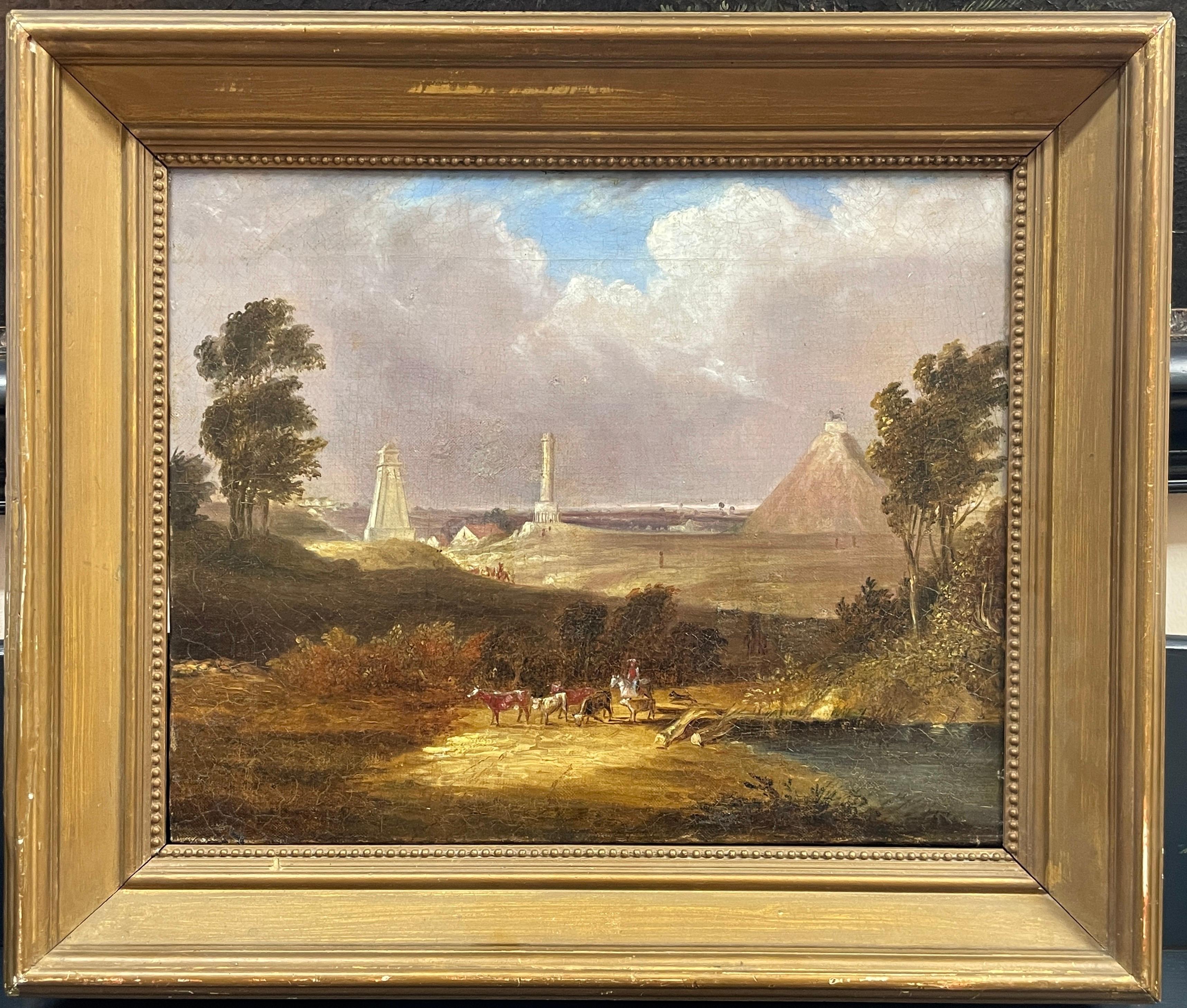 Waterloo Battlefield with 3 Monuments - Butte du Lion, Antique Oil Painting