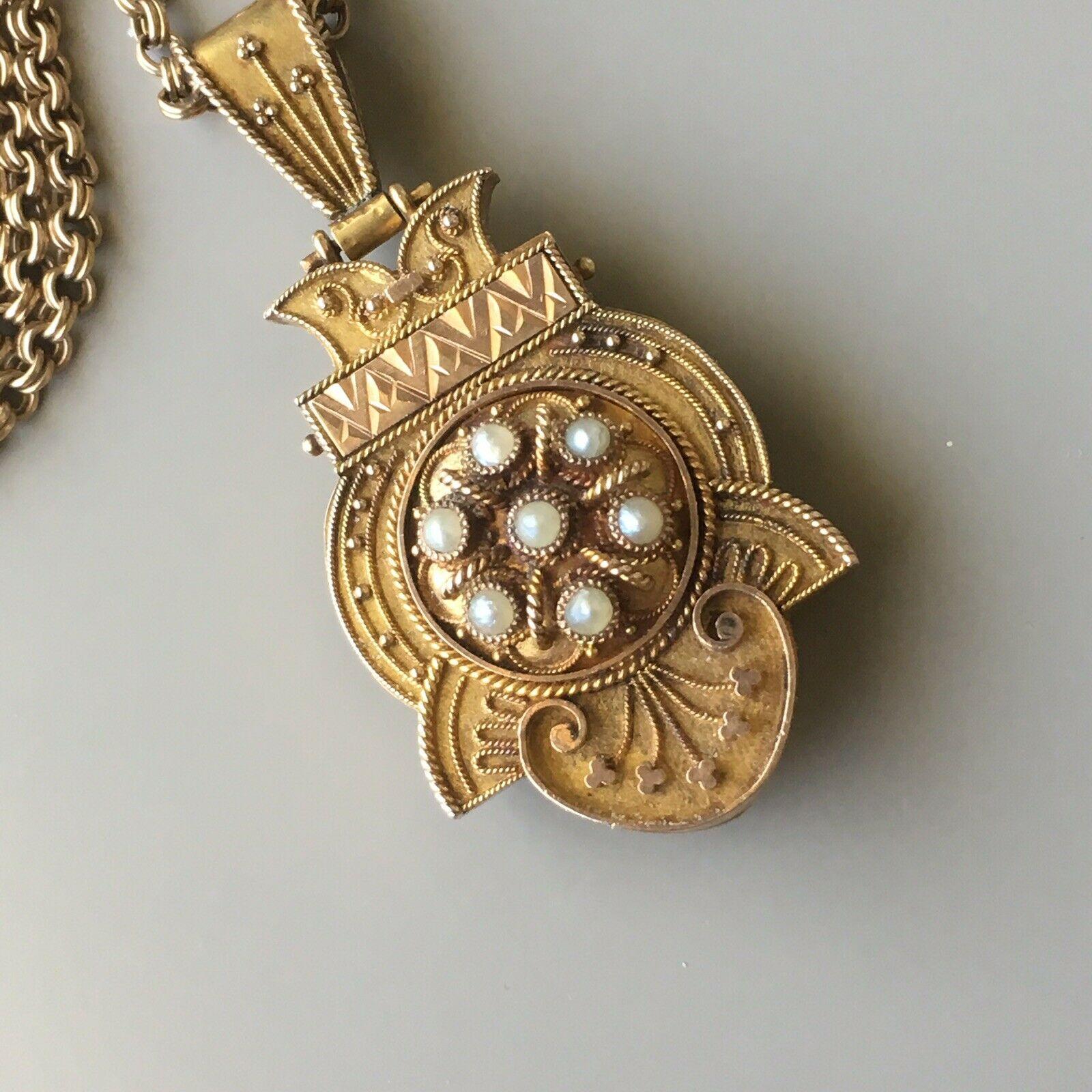 Seltene Probe der antiken etruskischen Wiederbelebung circa 1850s Medaillon Anhänger (1 Zoll breit und 2 Zoll lang), 25 Zoll original viktorianischen Hand gemacht Kette, alle getestet in der Nähe von 14k Gelbgold & Rose Gold durch Seed Perlen
