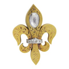 Broche Fleur-de-Lis française en or jaune 18 carats et diamants taille rose des années 1850