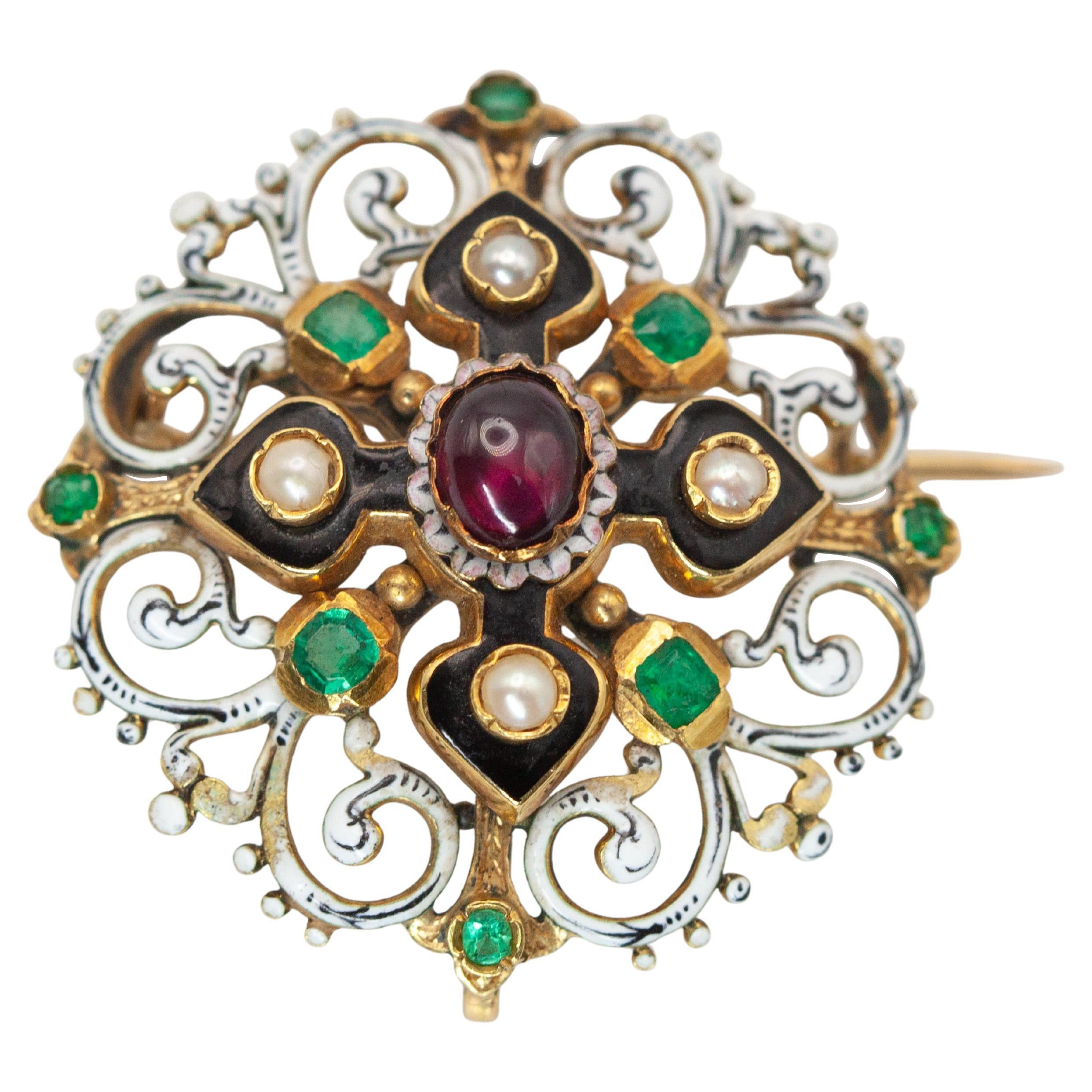 1850s French 18K Yellow Gold Multi-color Gemstone Enamel Brooch