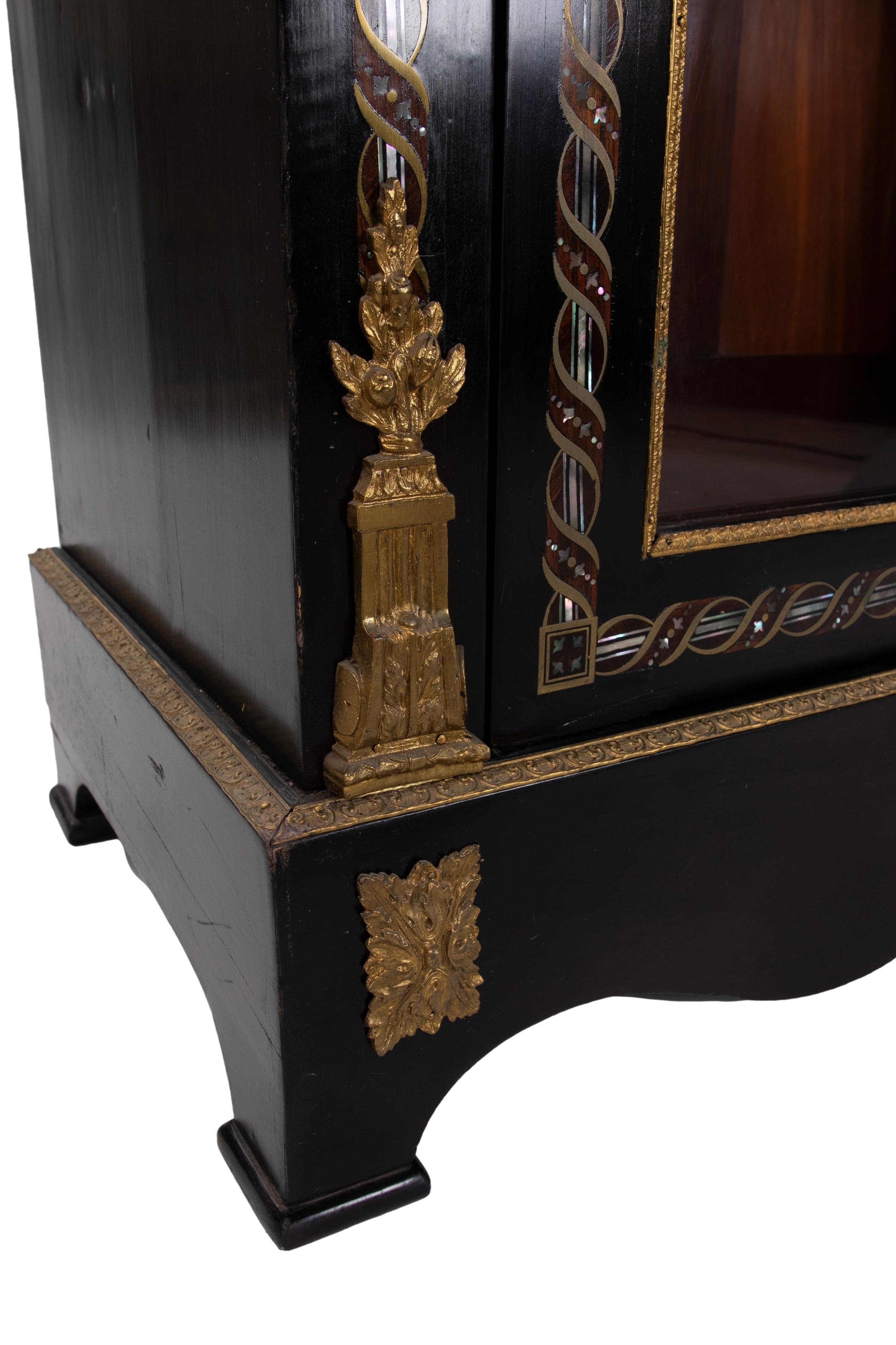 1850s French Ebonized Wood Pier Cabinet w/ Gilt Bronze & Mother of Pearl Inlay For Sale 6