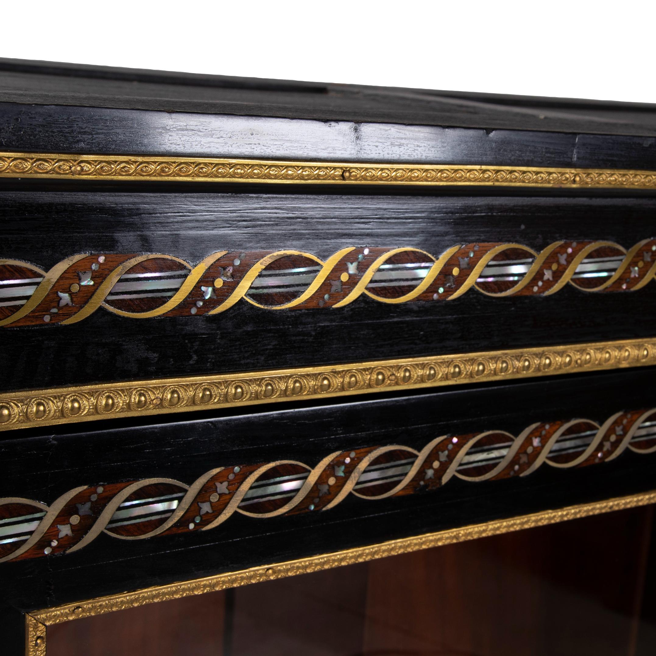 1850s French Ebonized Wood Pier Cabinet w/ Gilt Bronze & Mother of Pearl Inlay For Sale 7