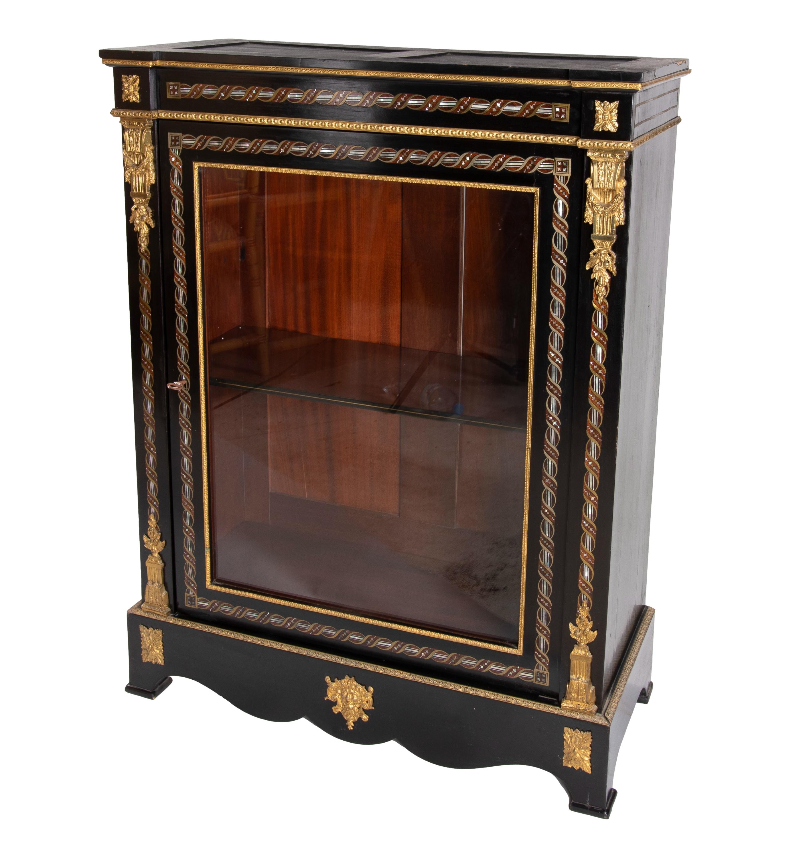 Antique 1850s French ionized wood pier cabinet with gilt bronze & mother of pearl inlay decoration.

Missing table top.