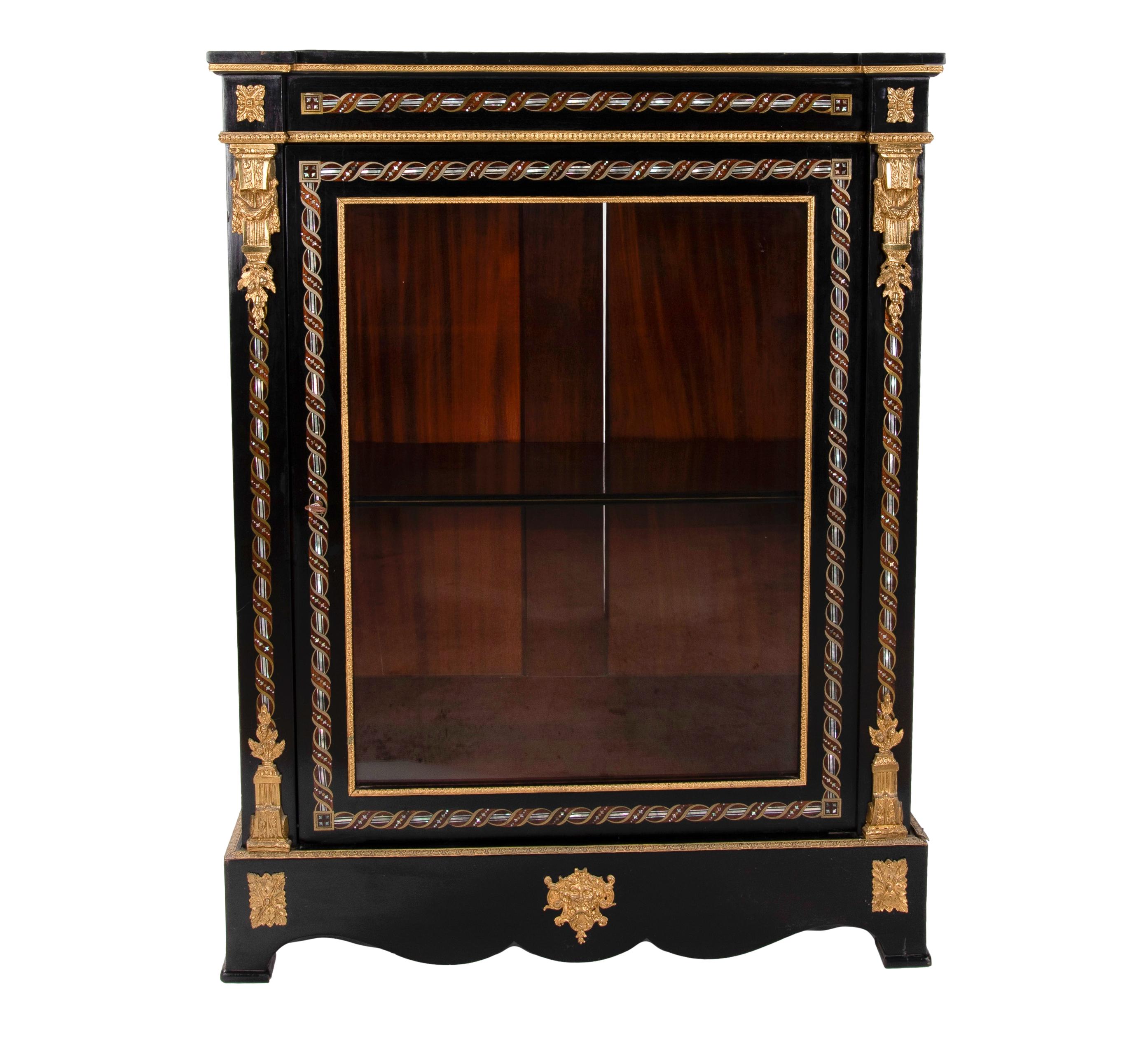 1850s French Ebonized Wood Pier Cabinet w/ Gilt Bronze & Mother of Pearl Inlay In Good Condition For Sale In Marbella, ES