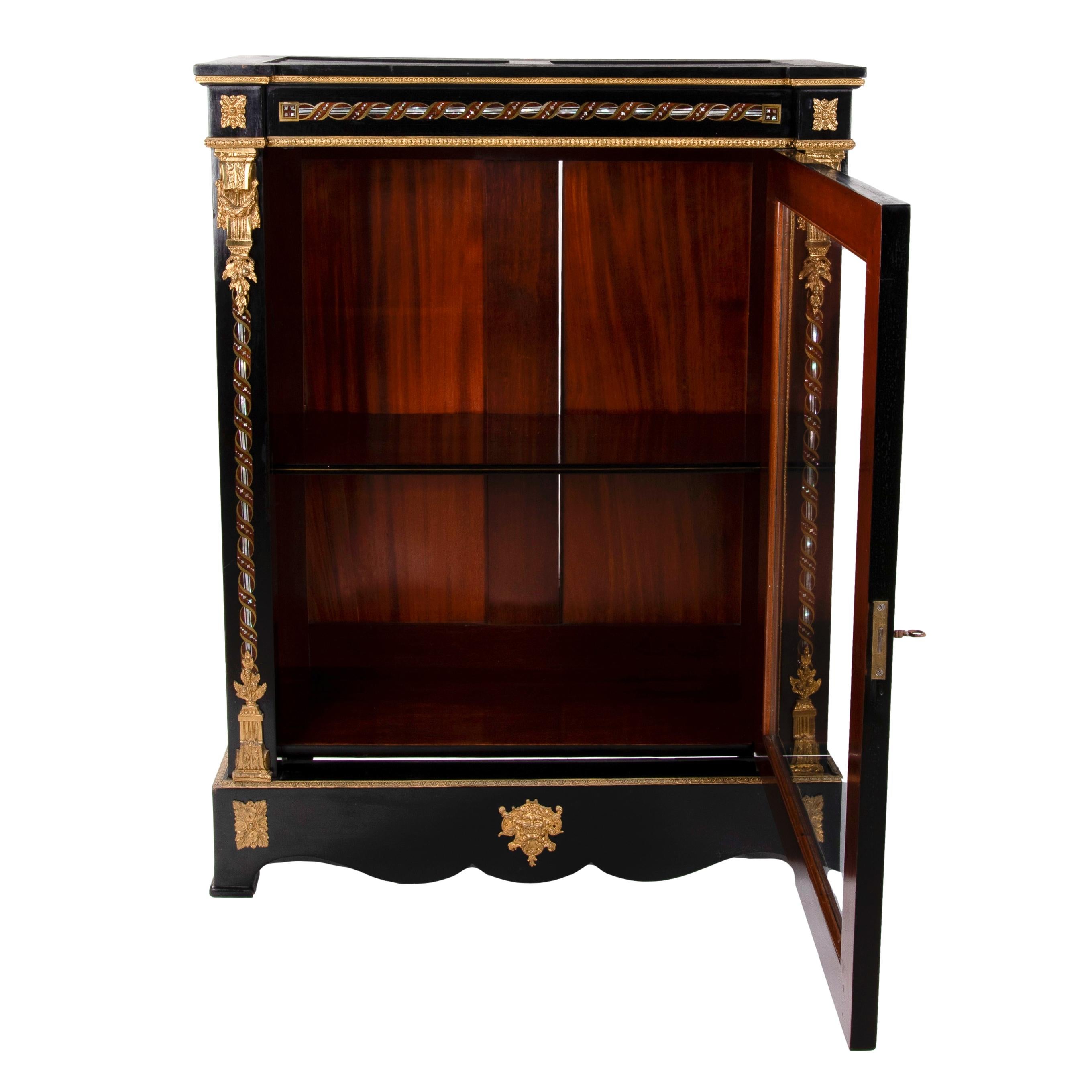 19th Century 1850s French Ebonized Wood Pier Cabinet w/ Gilt Bronze & Mother of Pearl Inlay For Sale