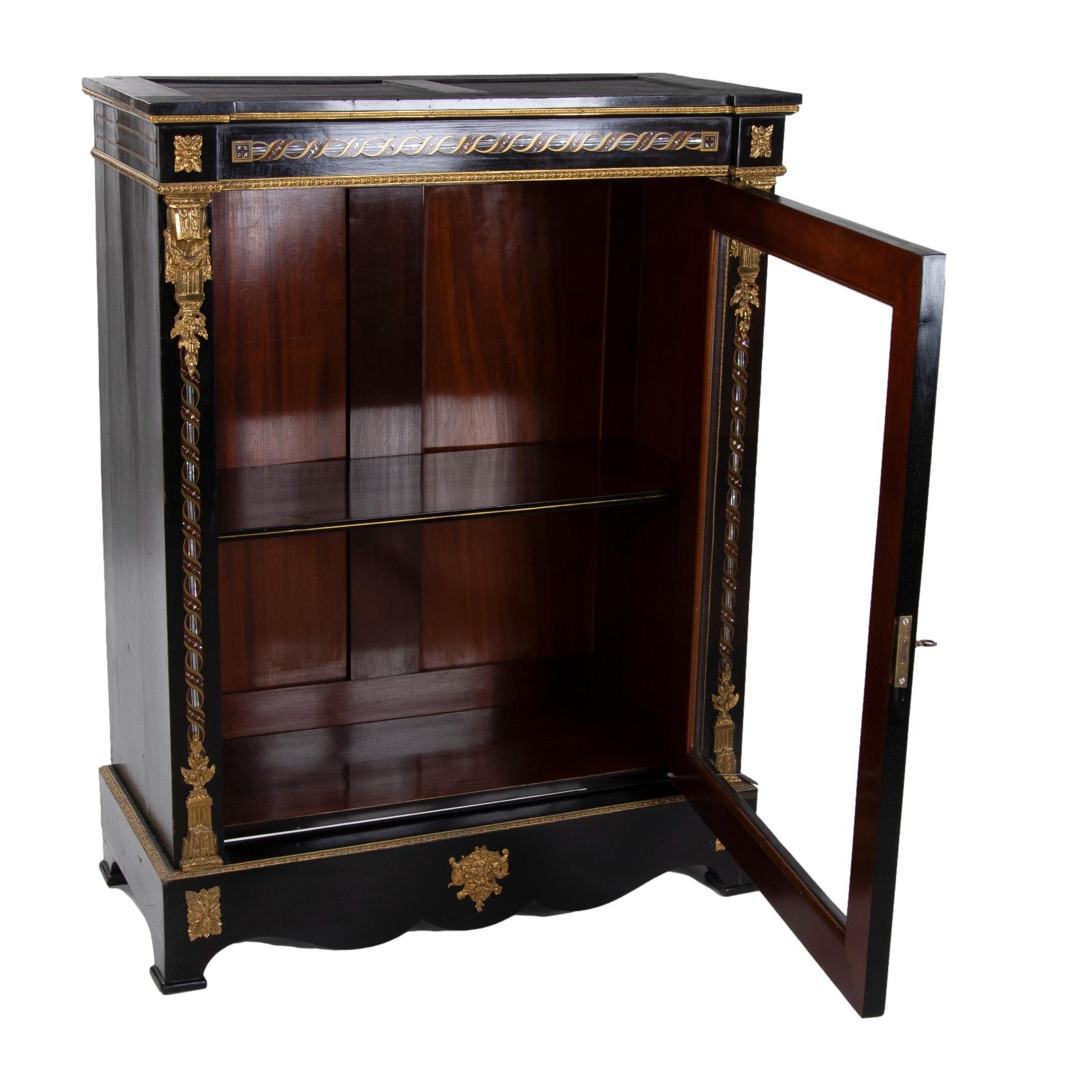 1850s French Ebonized Wood Pier Cabinet w/ Gilt Bronze & Mother of Pearl Inlay For Sale 1