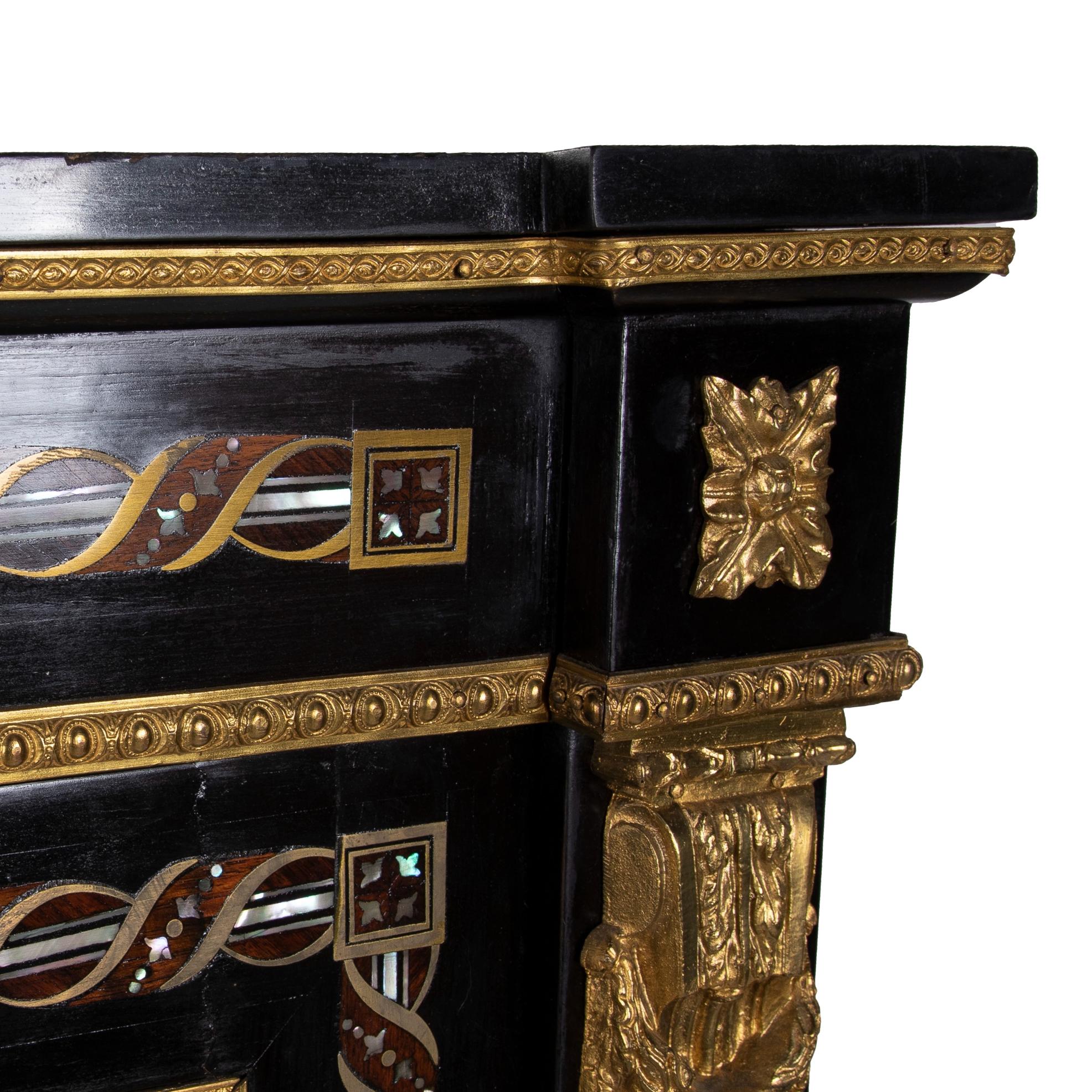 1850s French Ebonized Wood Pier Cabinet w/ Gilt Bronze & Mother of Pearl Inlay For Sale 2