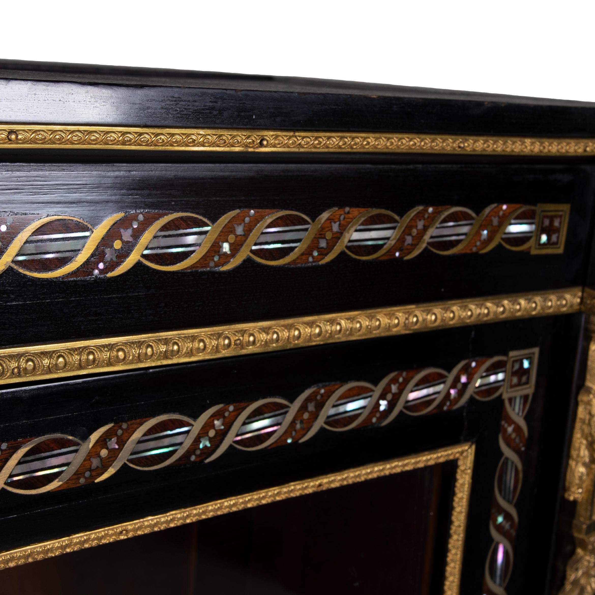 1850s French Ebonized Wood Pier Cabinet w/ Gilt Bronze & Mother of Pearl Inlay For Sale 5
