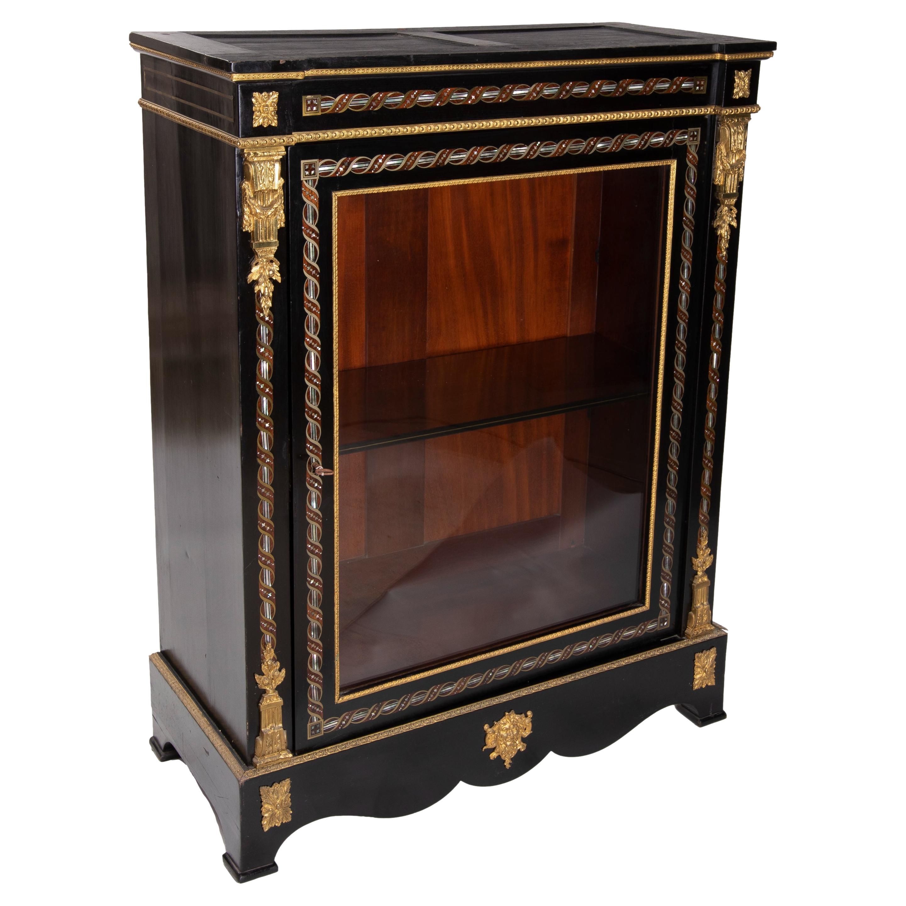 1850s French Ebonized Wood Pier Cabinet w/ Gilt Bronze & Mother of Pearl Inlay For Sale