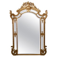 1850s French Gold Giltwood Wall Mirror w/ Acanthus Leaf Scrolls Decoration