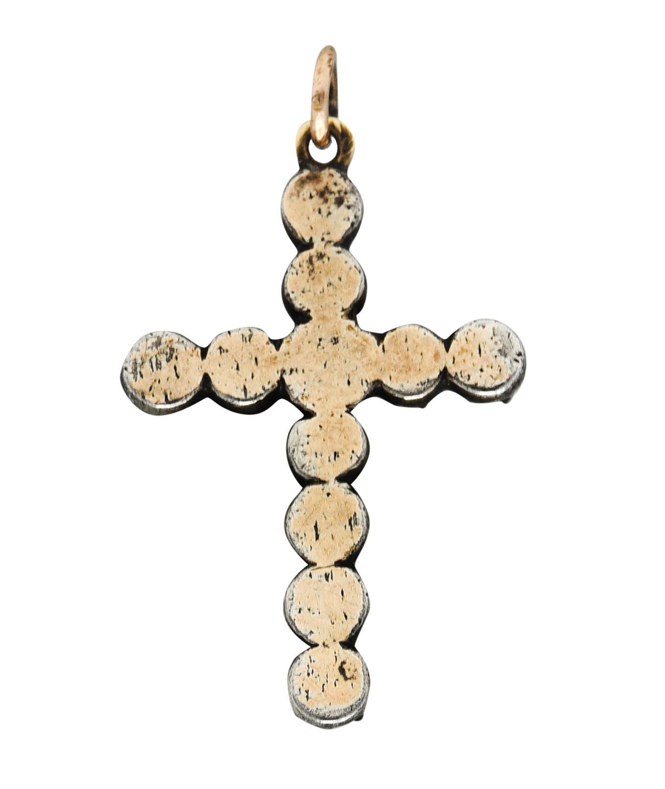 1850's Georgian Rose Cut Diamond Silver-Topped 14 Karat Gold Cross Charm Pendant In Excellent Condition For Sale In Philadelphia, PA