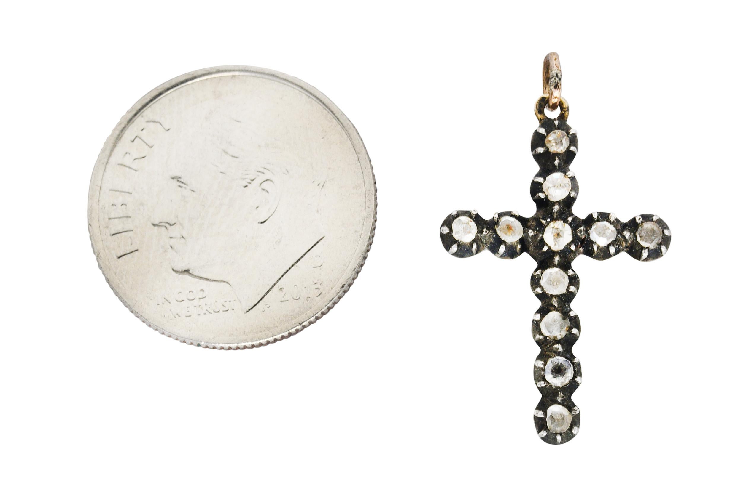 1850's Georgian Rose Cut Diamond Silver-Topped 14 Karat Gold Cross Charm Pendant 2