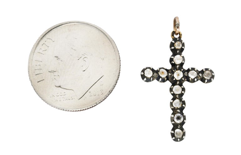 1850's Georgian Rose Cut Diamond Silver-Topped 14 Karat Gold Cross Charm Pendant For Sale 4