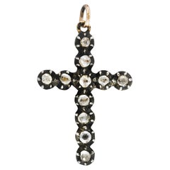 1850's Georgian Rose Cut Diamond Silver-Topped 14 Karat Gold Cross Charm Pendant