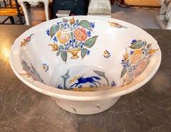 1850s Glazed Ceramic Basin from Manises Decorated with Flowers and an Equestrian