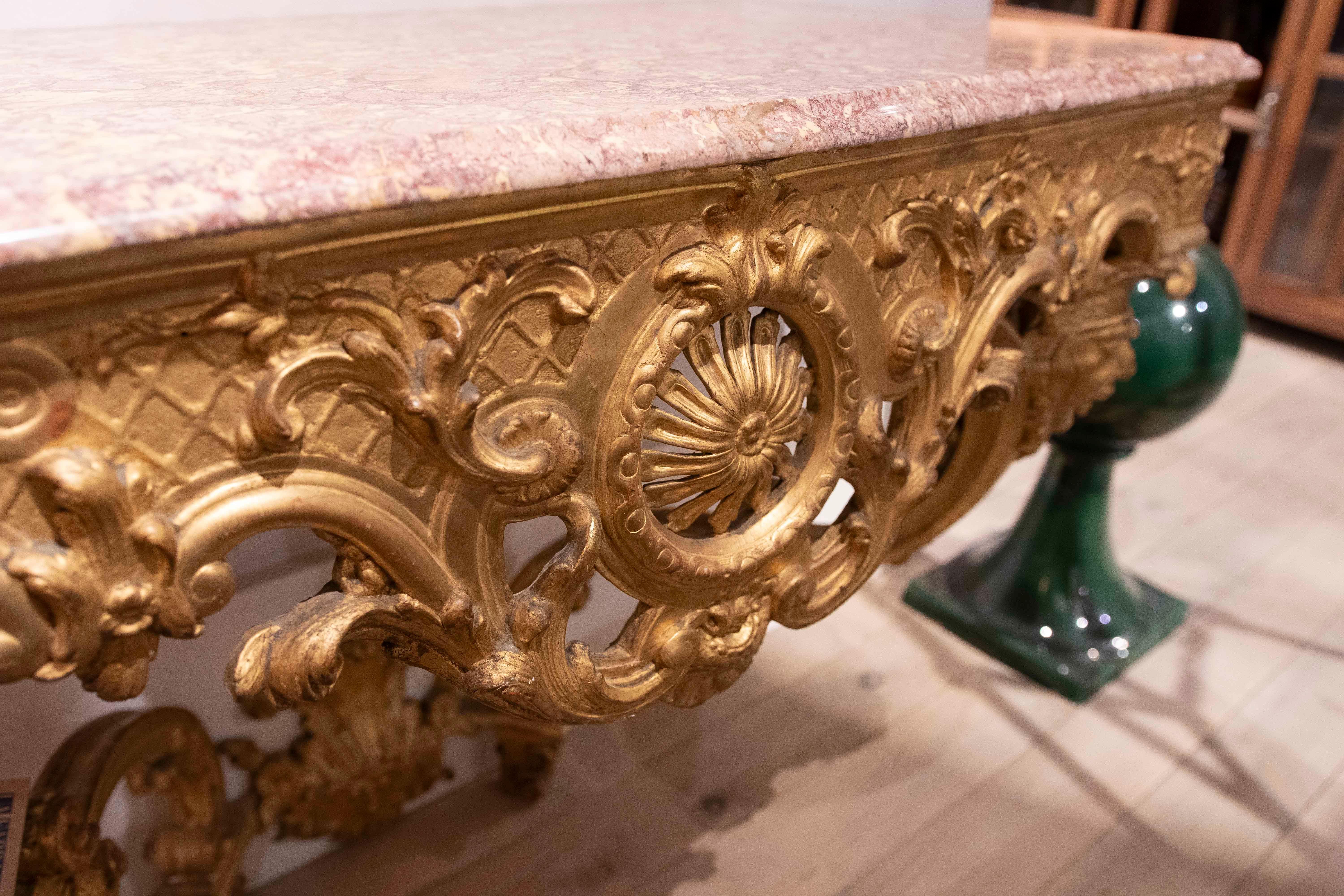 1850s Gold Baroque Console with Pink Marble Top For Sale 7