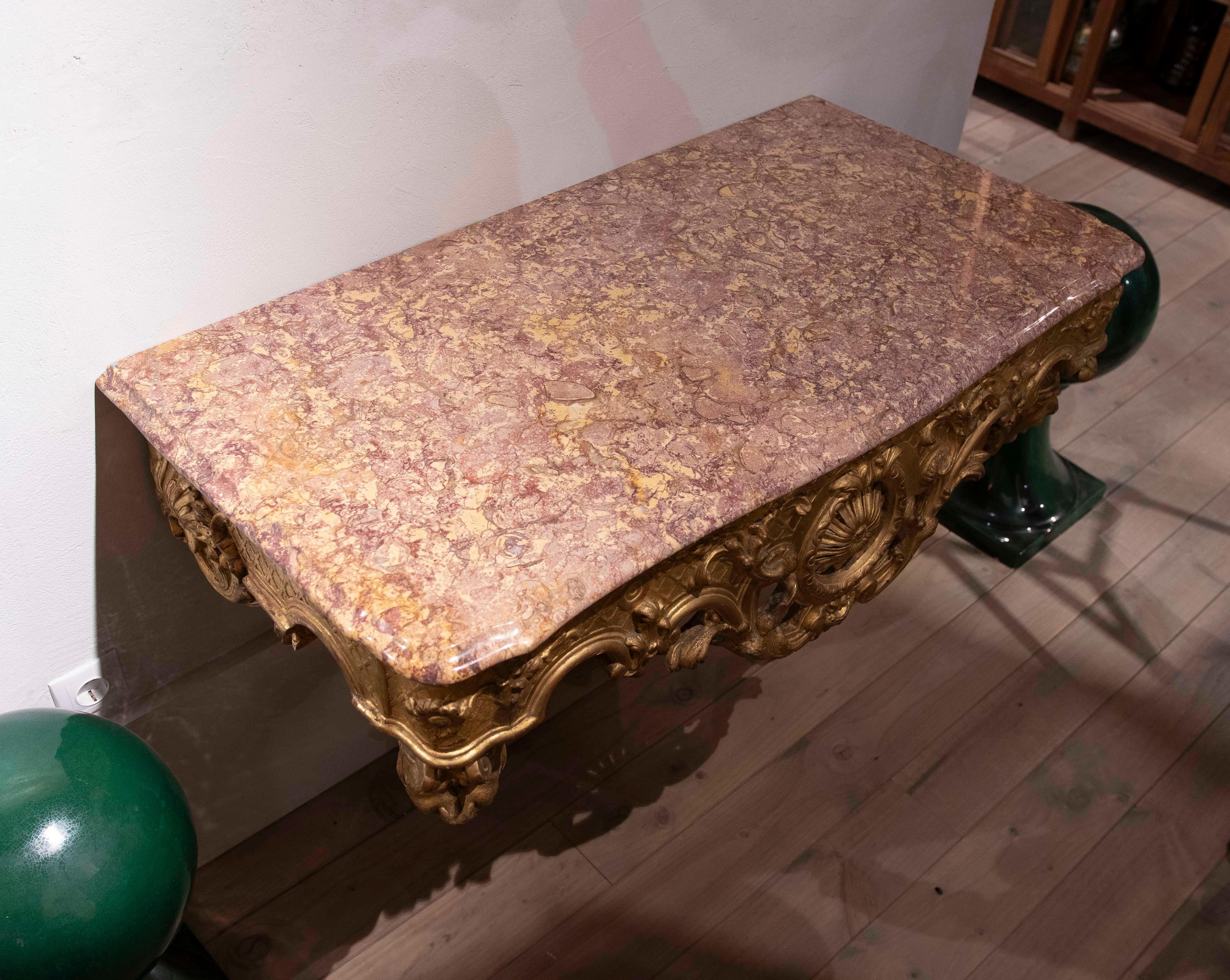 1850s Gold Baroque Console with Pink Marble Top For Sale 8