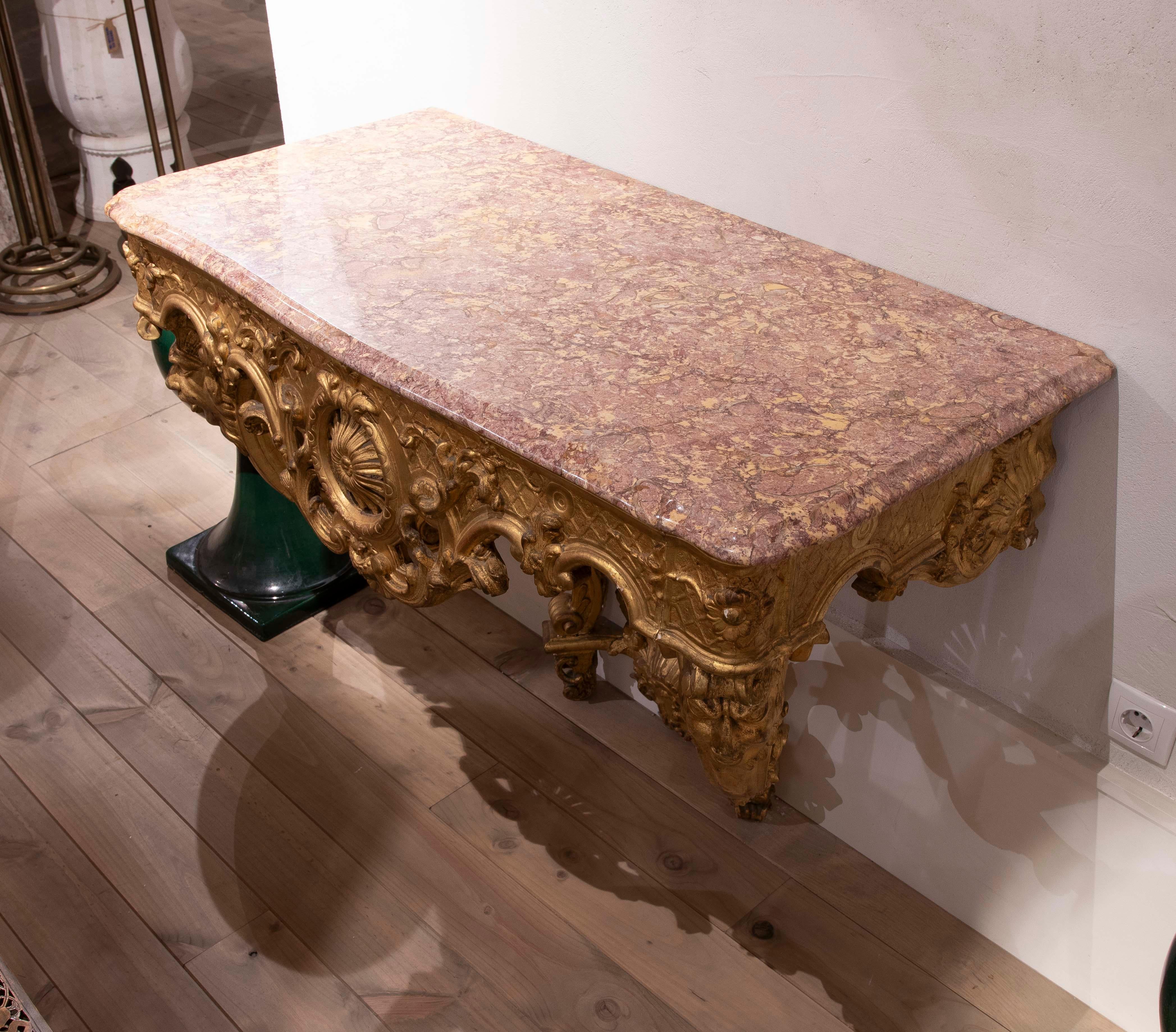 19th Century 1850s Gold Baroque Console with Pink Marble Top For Sale
