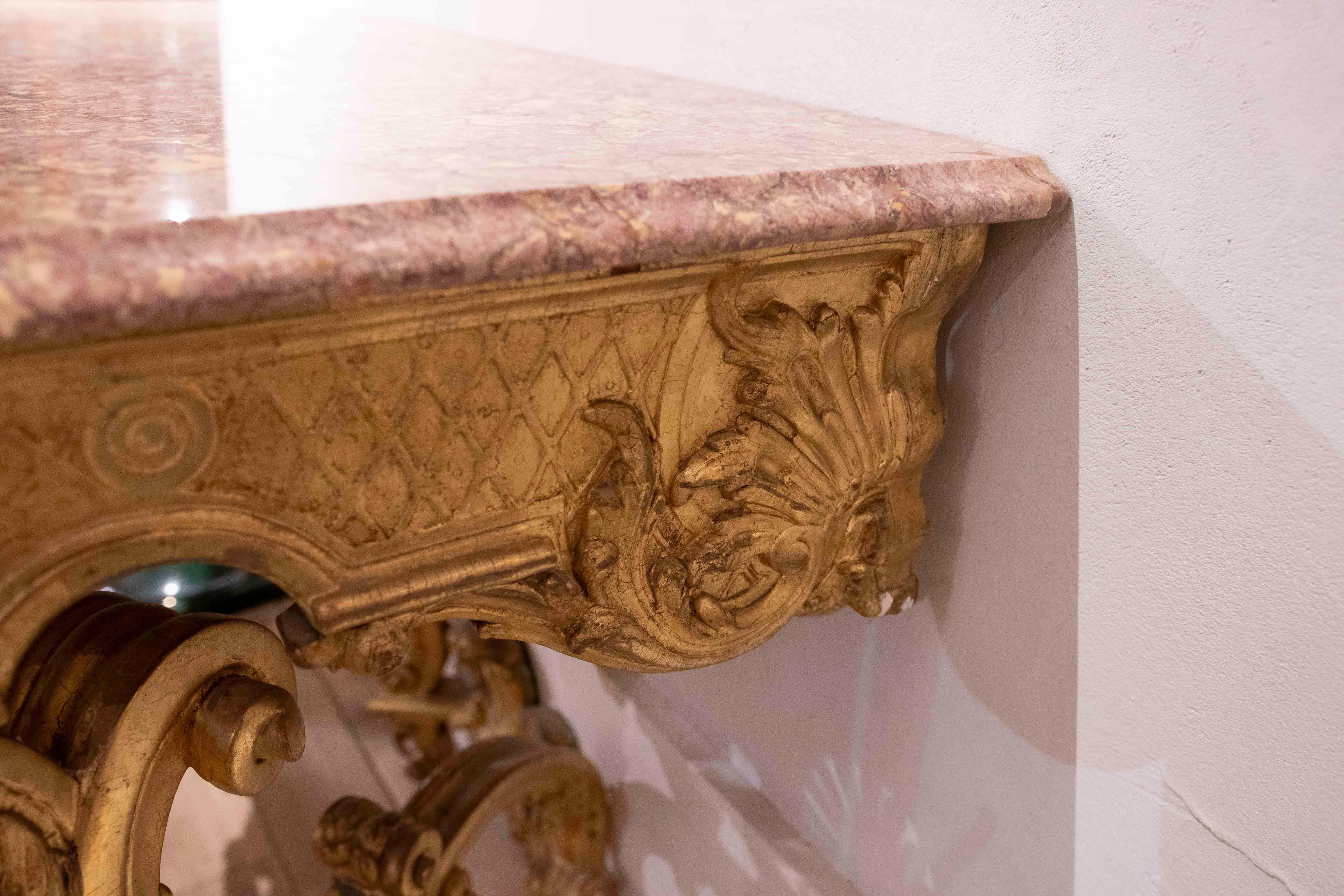 1850s Gold Baroque Console with Pink Marble Top For Sale 2