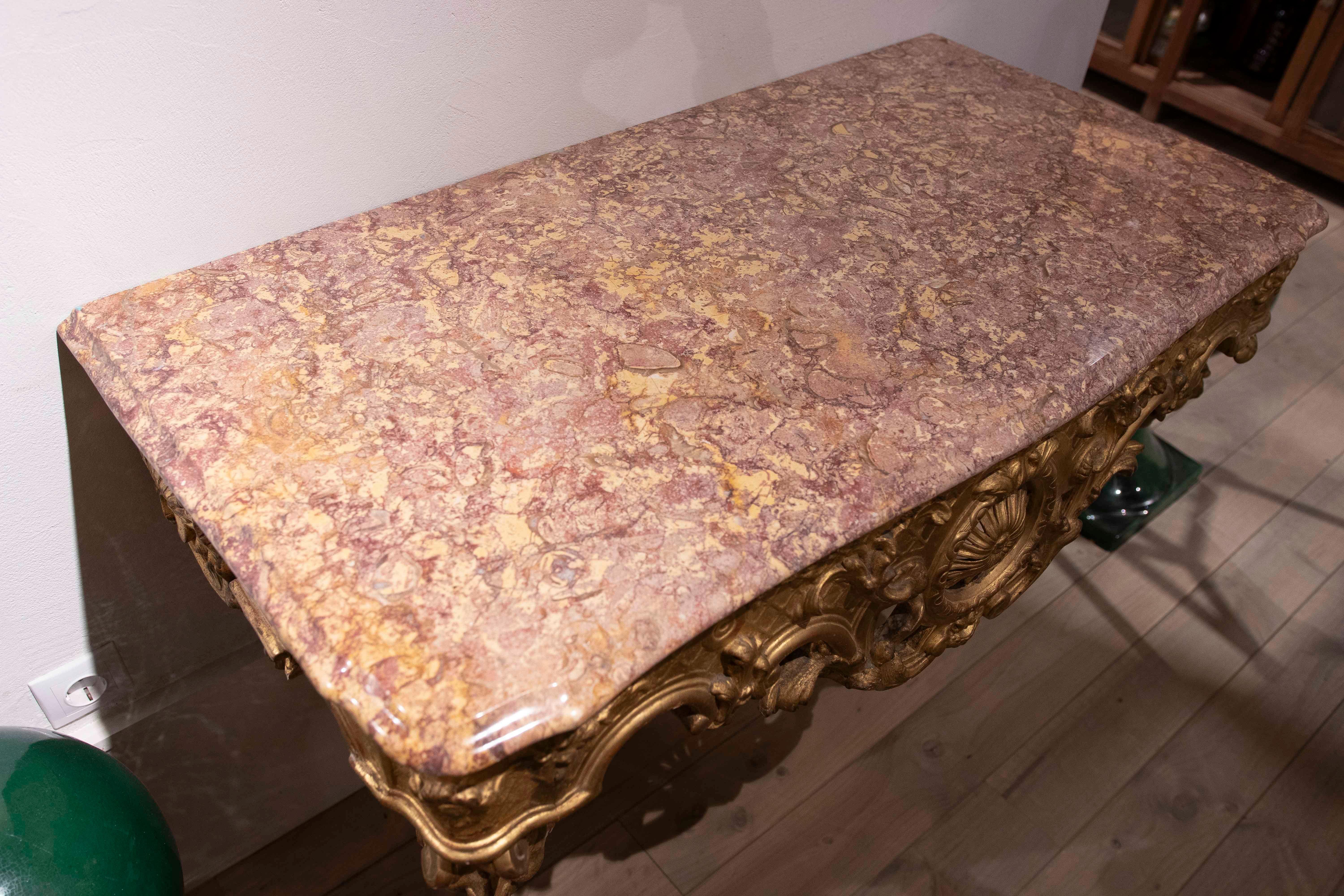 1850s Gold Baroque Console with Pink Marble Top For Sale 4