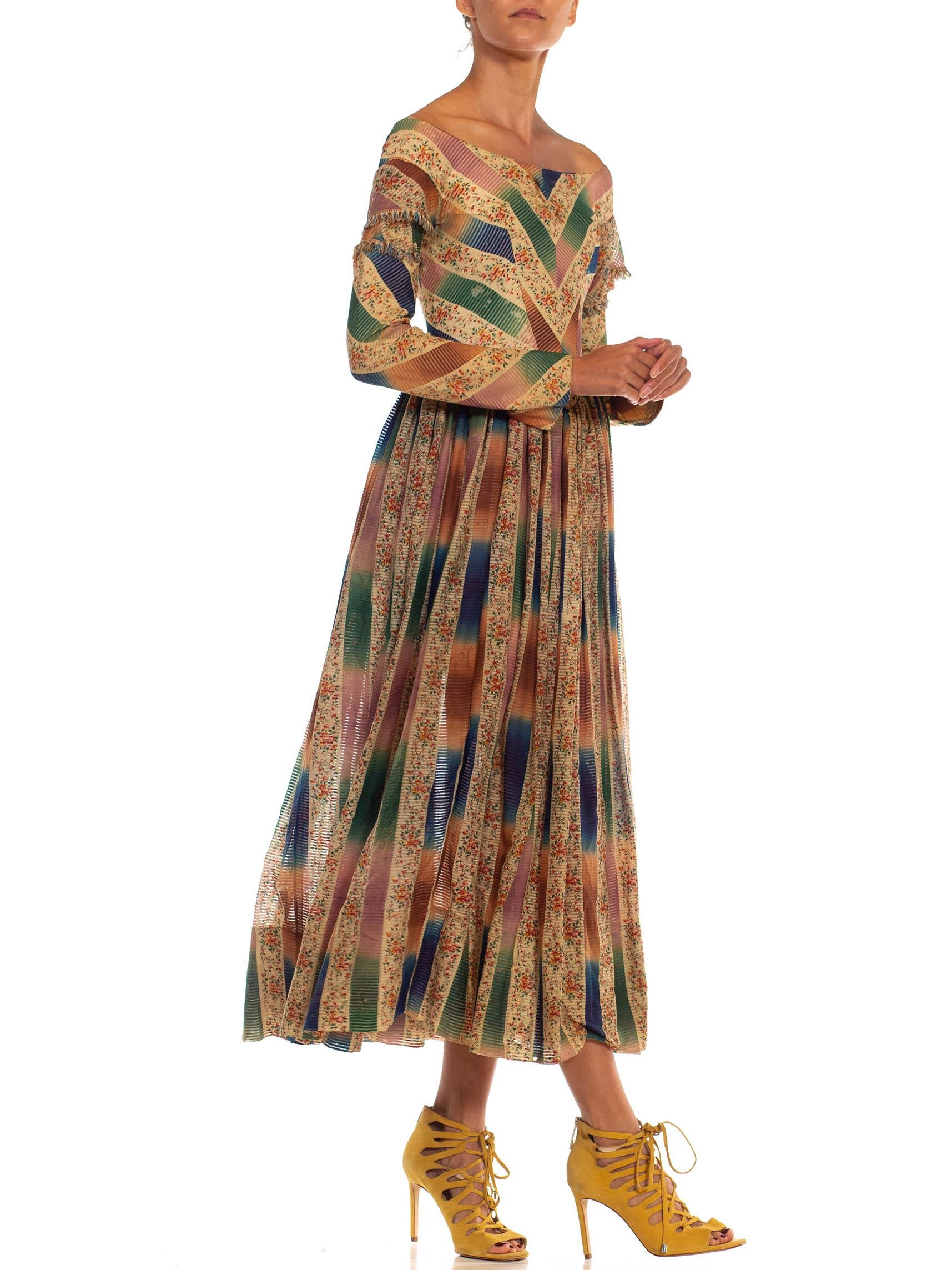 Women's 1850'S Green & Pink Organic Cotton Floral Ombre Printed Dress For Sale