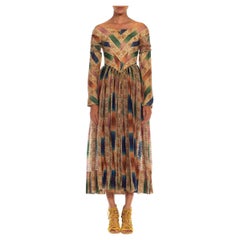 Robe imprimée à ombres florales en coton biologique vert et rose des années 1850