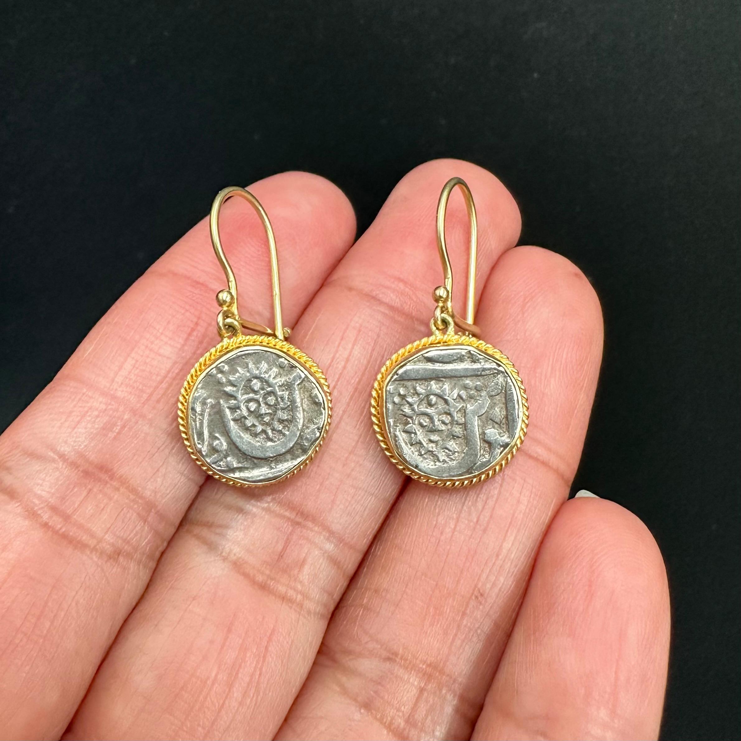 Women's 1850's India Sun-face Coin 18K Gold Wire Earrings For Sale