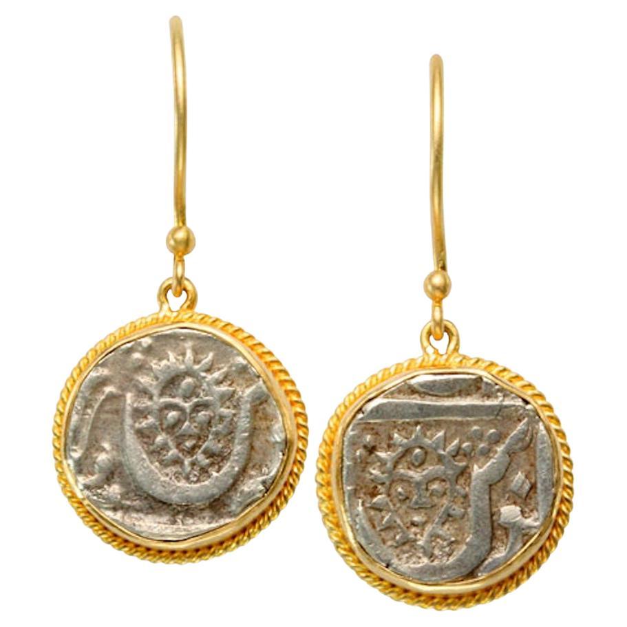 1850's India Sun-face Coin 18K Gold Wire Earrings For Sale