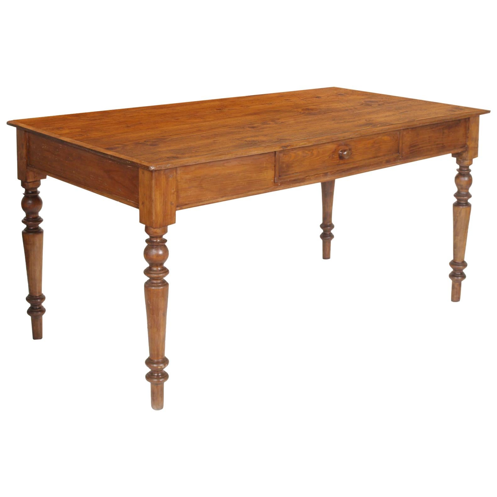 1850s Italian Country Neoclassic Rustic Table Desk, One Drawer, Wax-Polished