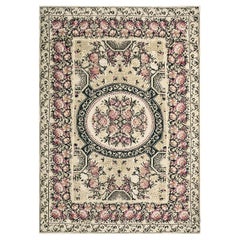 1850s Ivory Pink Antique Besserabian Kilim Flatweave Carpet Floral Medallion Rug