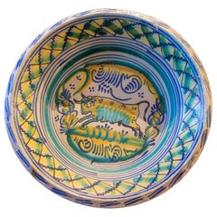 1850s Large Antique Spanish Glazed Ceramic Bowl with Bull, Granada