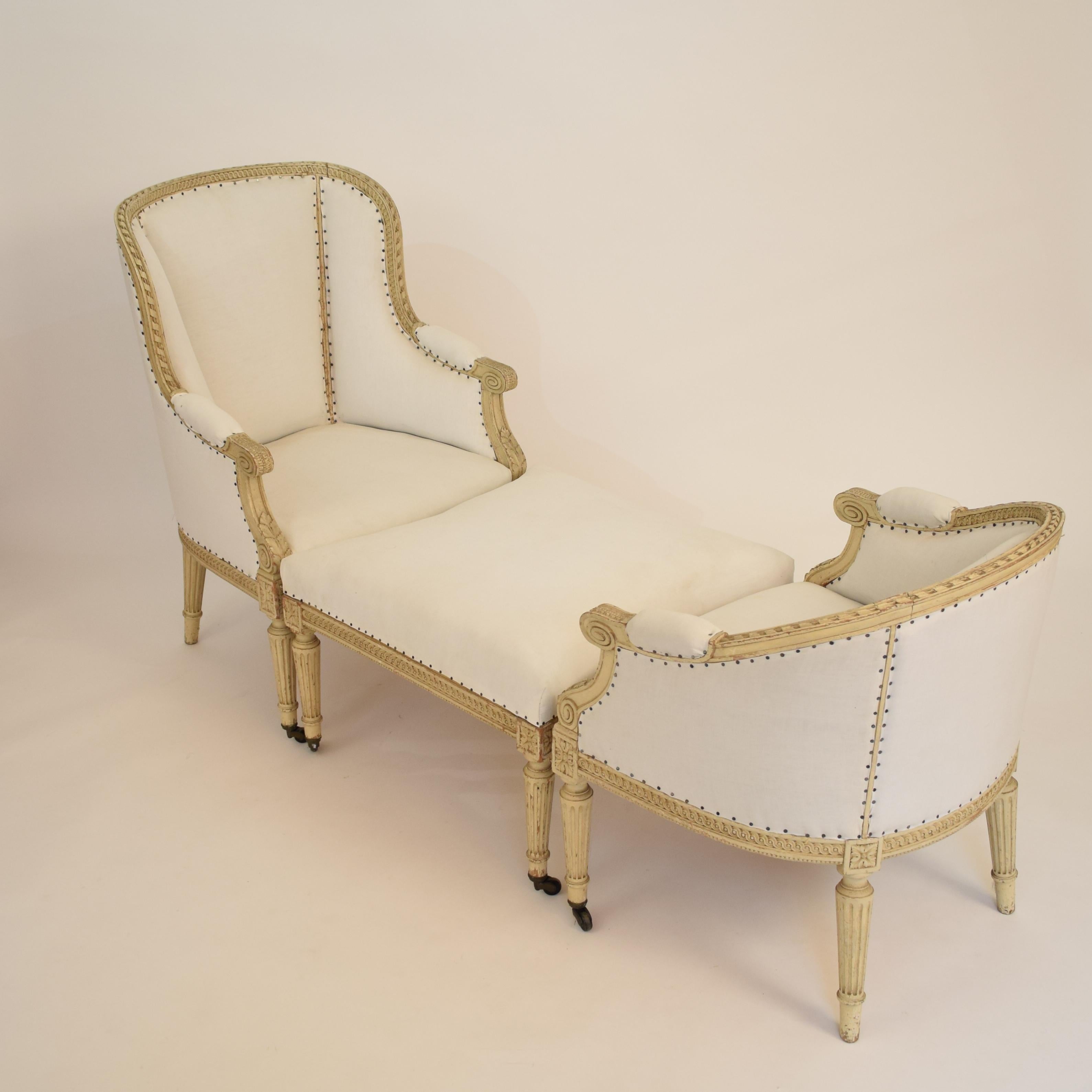 French 1850s Louis XVI Style Duchesse Brisee in Original Lacquer and Re-Upholstered