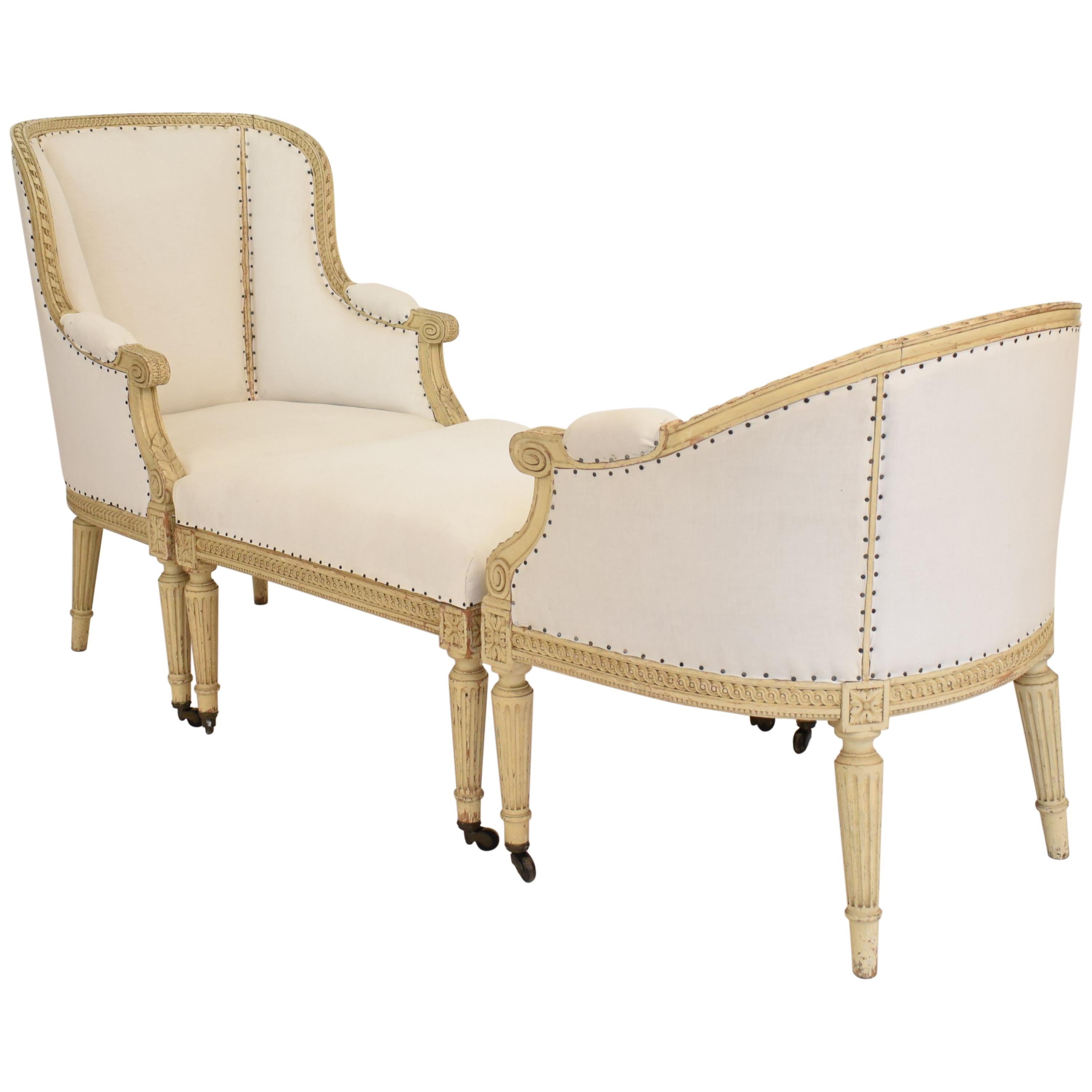 1850s Louis XVI Style Duchesse Brisee in Original Lacquer and Re-Upholstered