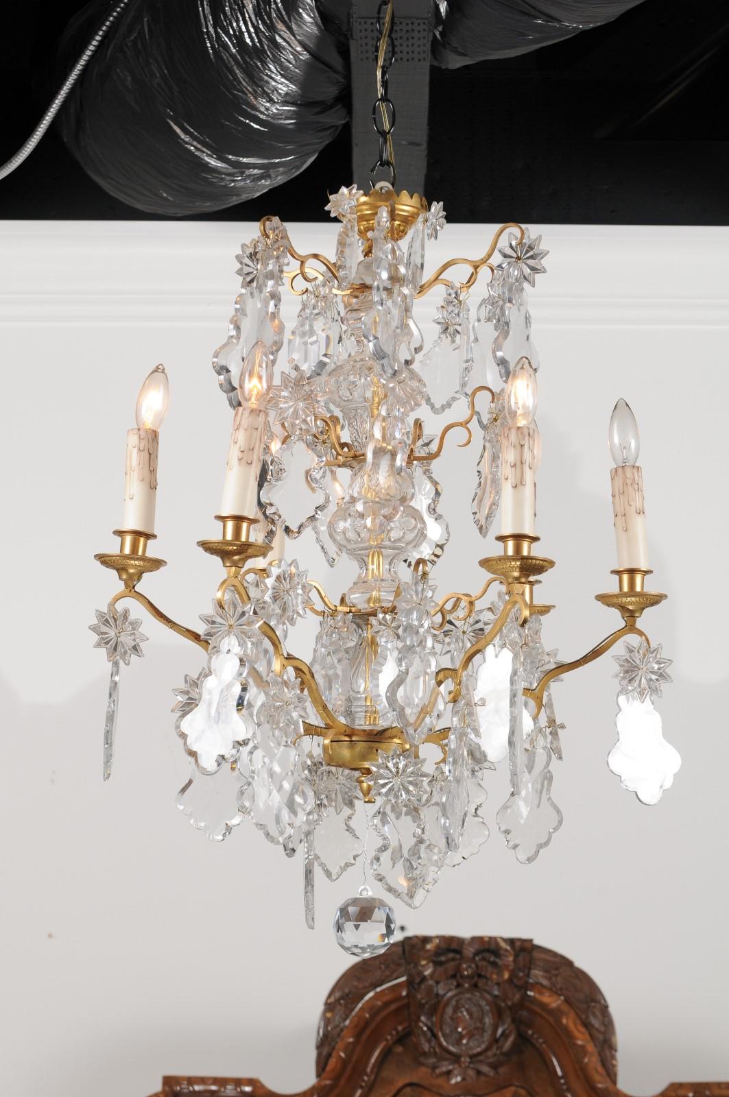 1850s Napoleon III Six-Light Crystal and Brass Chandelier with Pendeloques For Sale 5