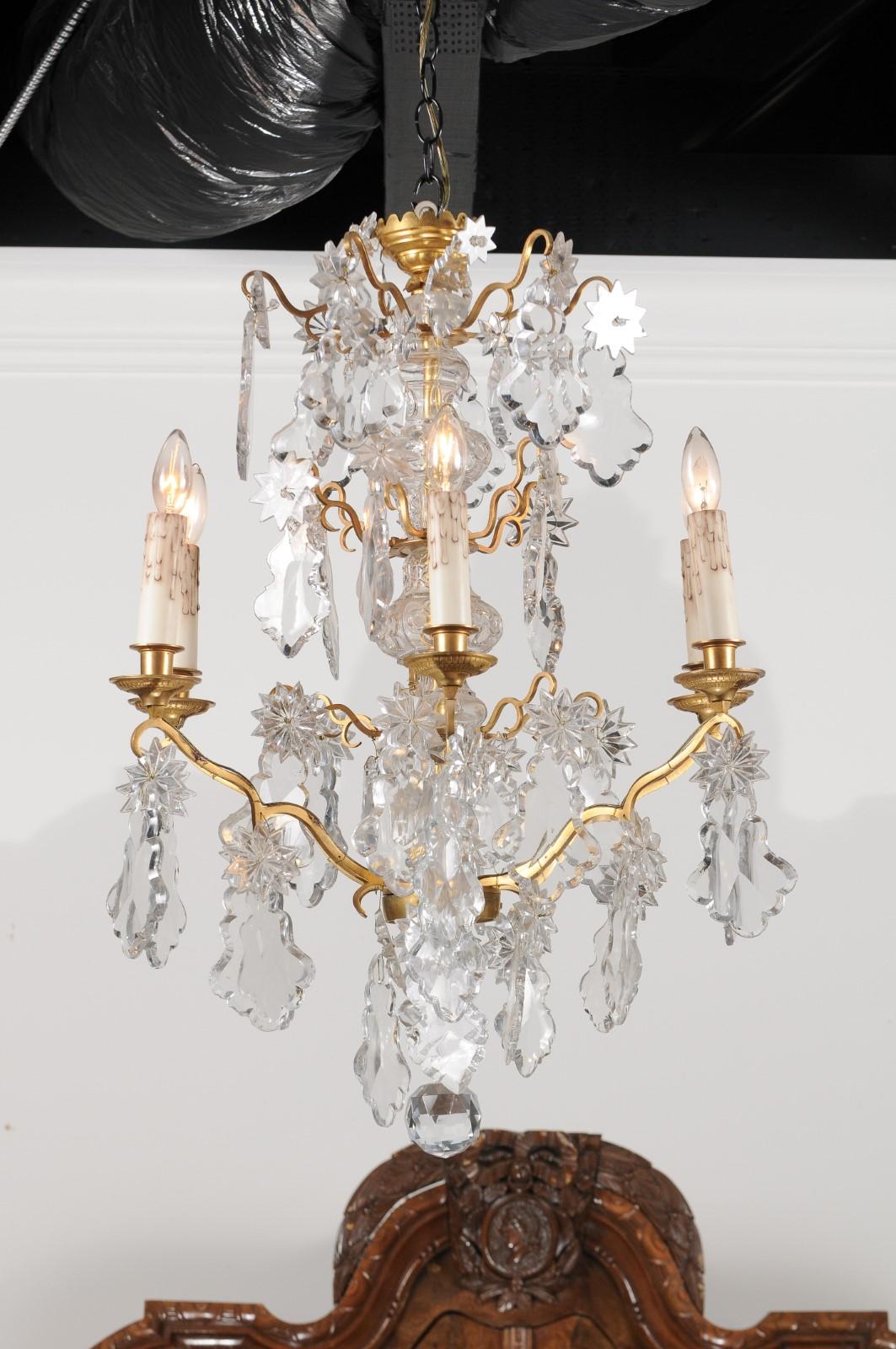 1850s Napoleon III Six-Light Crystal and Brass Chandelier with Pendeloques For Sale 6