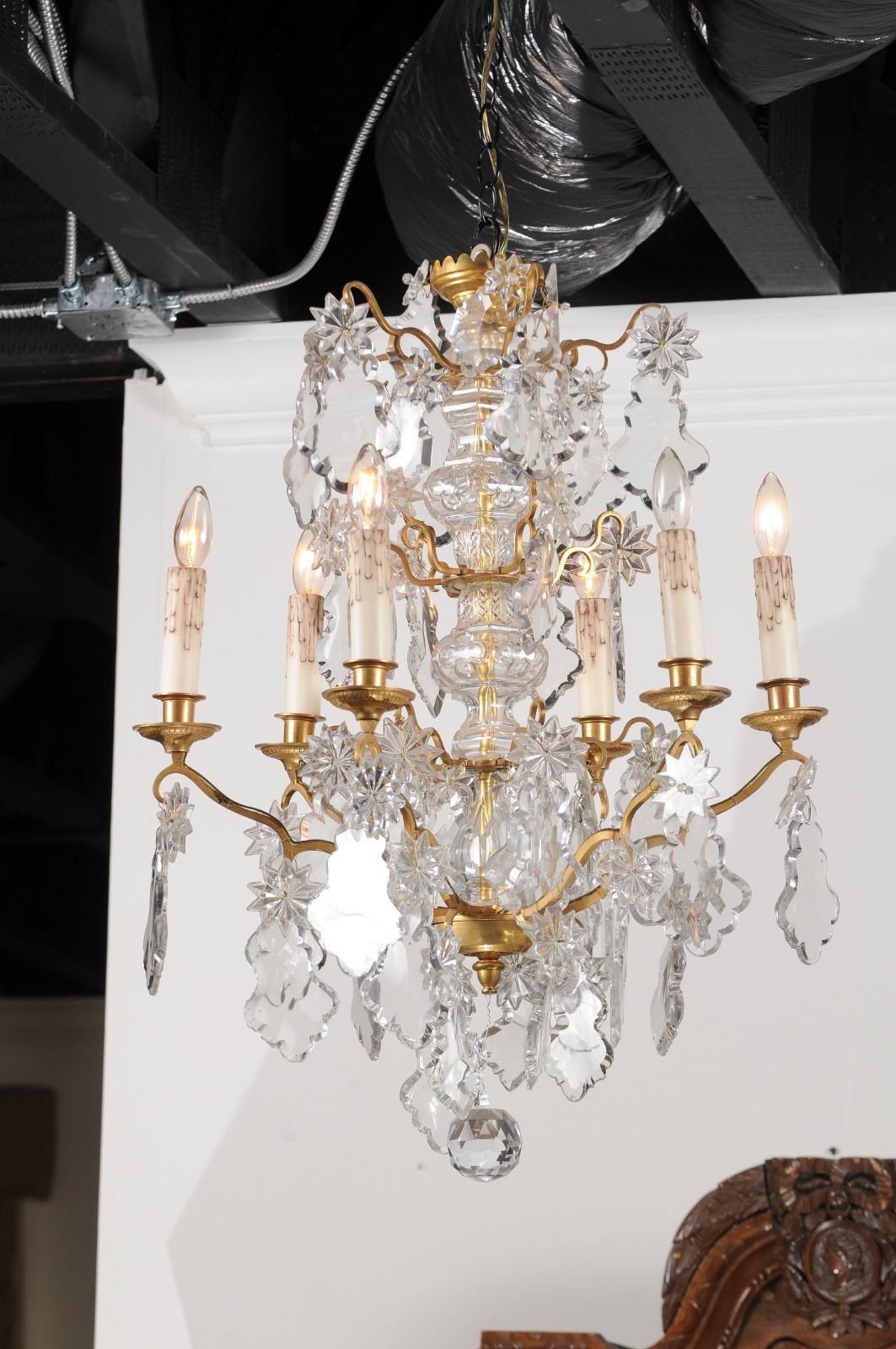 1850s Napoleon III Six-Light Crystal and Brass Chandelier with Pendeloques For Sale 7